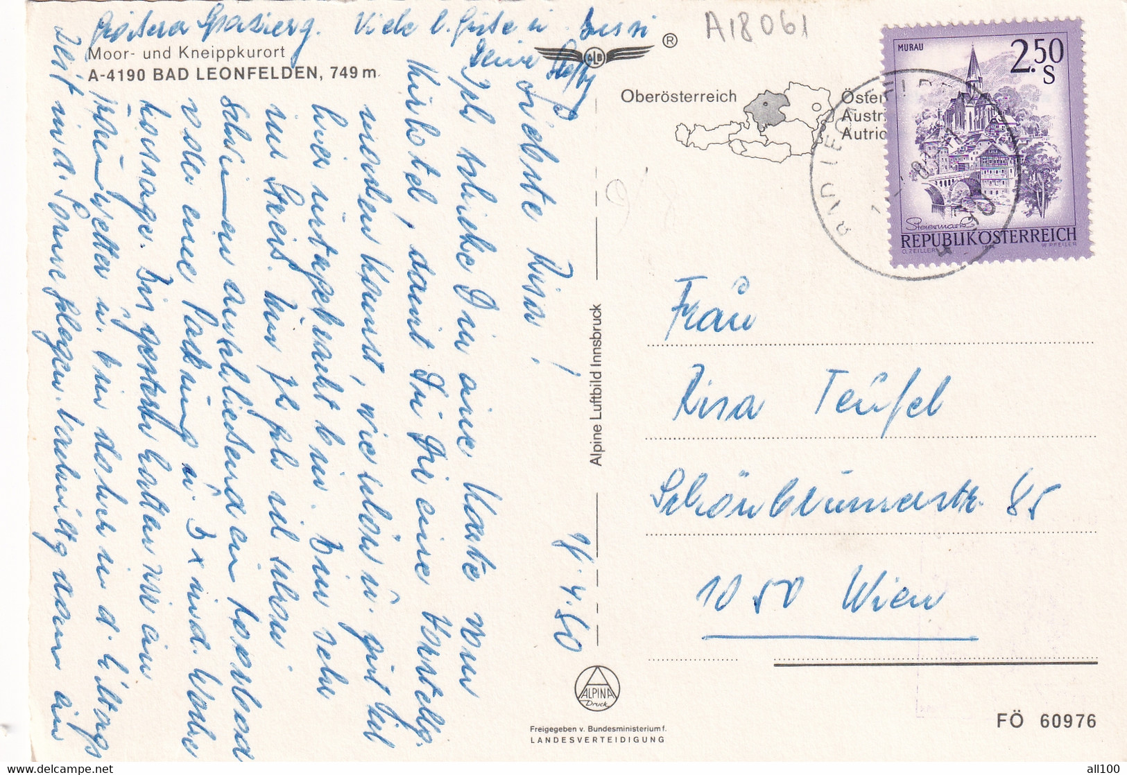 A18061 - KURHOTEL BAD LEONFELDEN MIT SCHWIMMBAD MOOR UND KNEIPPKURORT STAMP POST CARD USED 1980 SENT TO VIENNA AUSTRIA - Bad Leonfelden