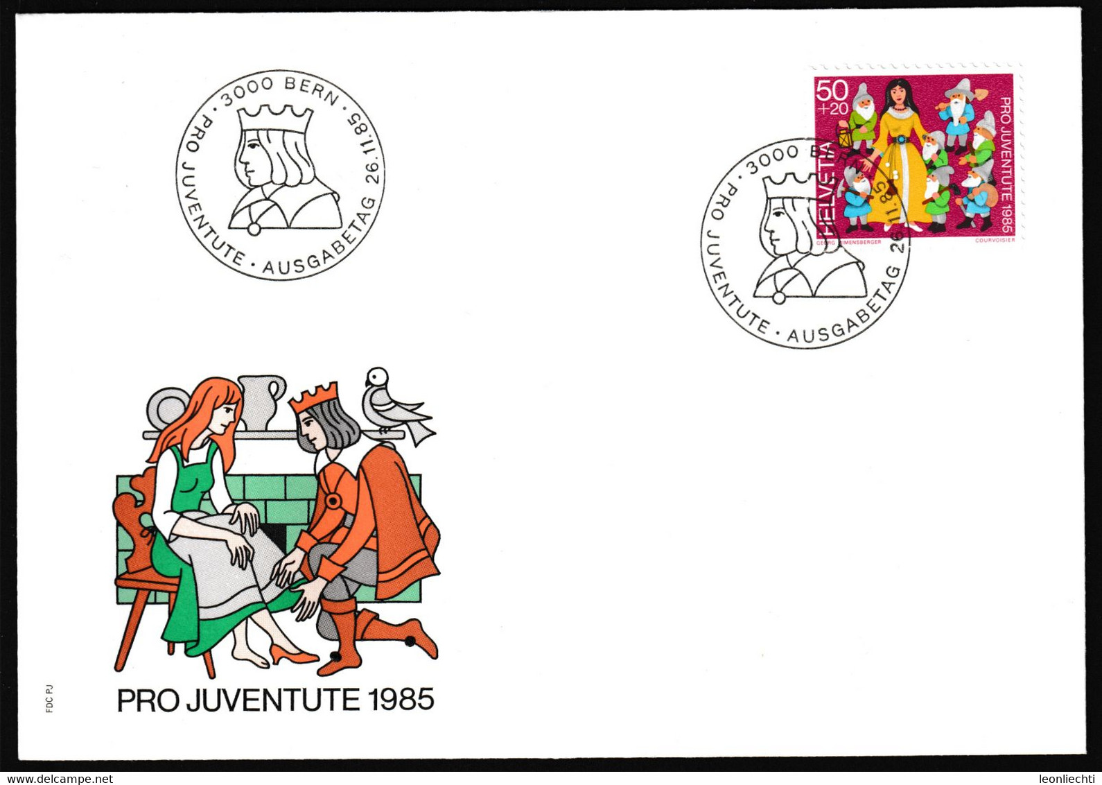 1985 Schweiz. FDC Mi: J 1305°/ Zum: J 295°, 3000 BERN Ausgabetag 26.11.85. Pro Juventute, Schneewittchen-Aschenputtel - Contes, Fables & Légendes