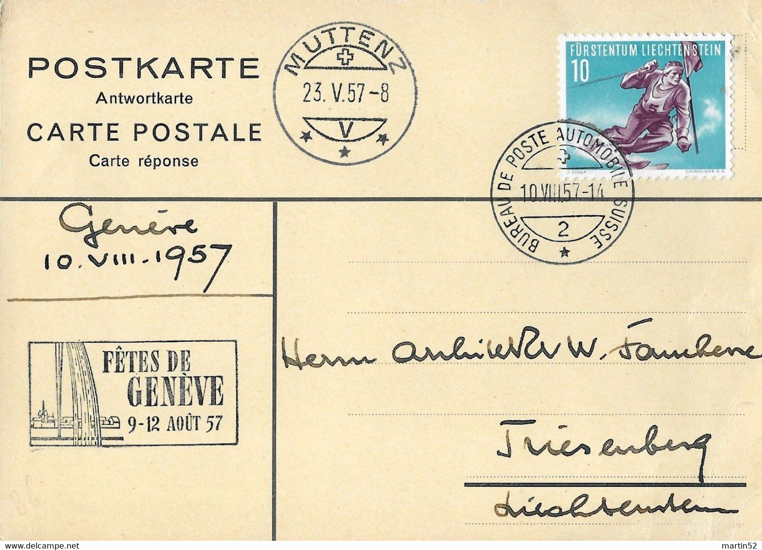 RARE Liechtenstein 1957: Zu 278 Mi.334 Yv 296 Auf Antwort-PK Mit Stempel FÊTES DE GENÈVE 9-12.AOÛT 57 BPA 10.VIII.57 - Lettres & Documents