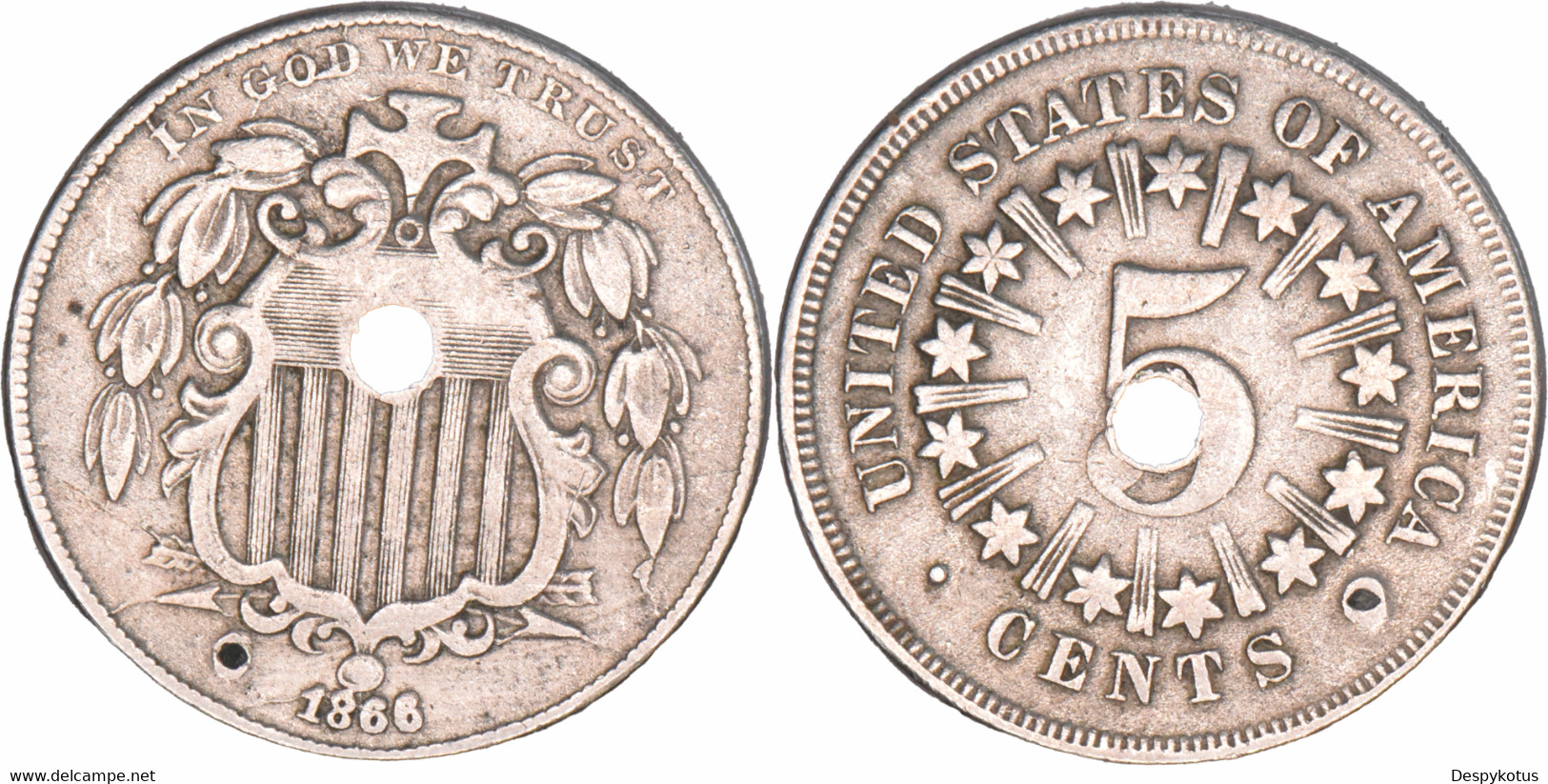 Etats-Unis - 1866 - 5 Cents Shield With Ray - Monnaie Percée - QUALITE - RARE - 07-163 - 1866-83: Shield (Stemma)
