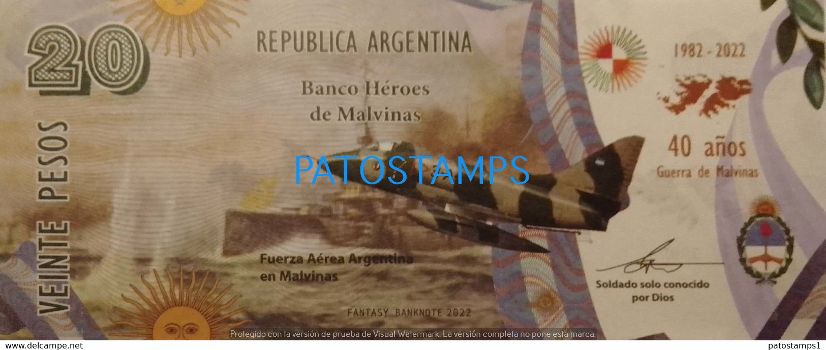 192452 BILLETE FANTASY TICKET 20 BANK ARGENTINA UK WAR ISLAS MALVINAS FALKLAND ISLANDS SOLDIER & AVIATION NO POSTCARD - Mezclas - Billetes