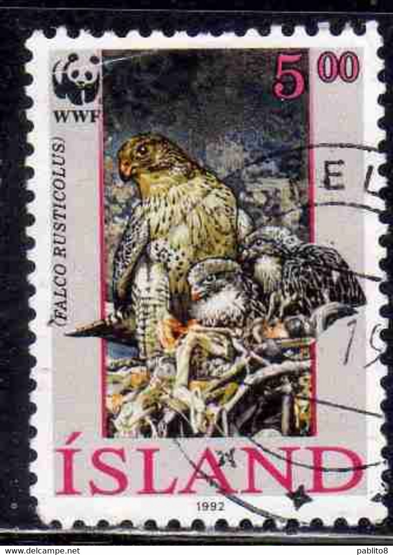 ISLANDA ICELAND ISLANDE ISLAND 1992 WWF FALCO RUSTICULUS ADULT TWO YOUNG 5.00k USED USATO OBLITERE' - Used Stamps