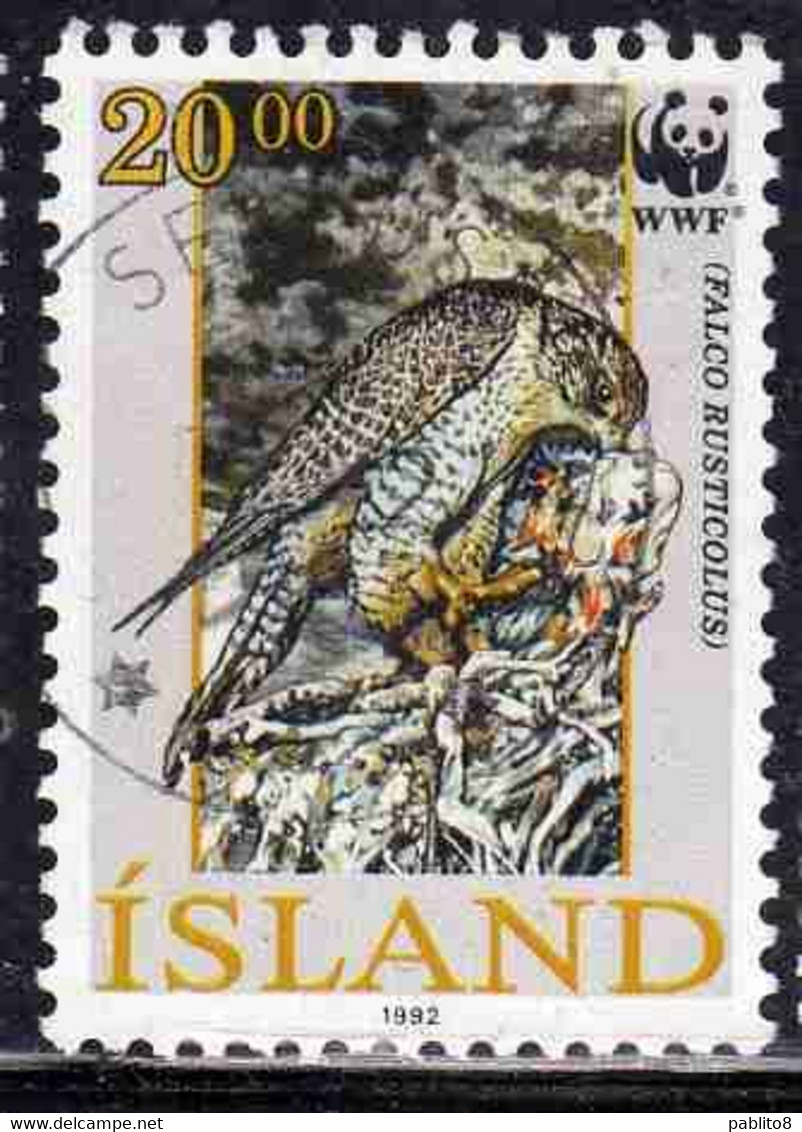 ISLANDA ICELAND ISLANDE ISLAND 1992 WWF FALCO RUSTICULUS ADULT HEAD UP 20.00k USED USATO OBLITERE' - Oblitérés