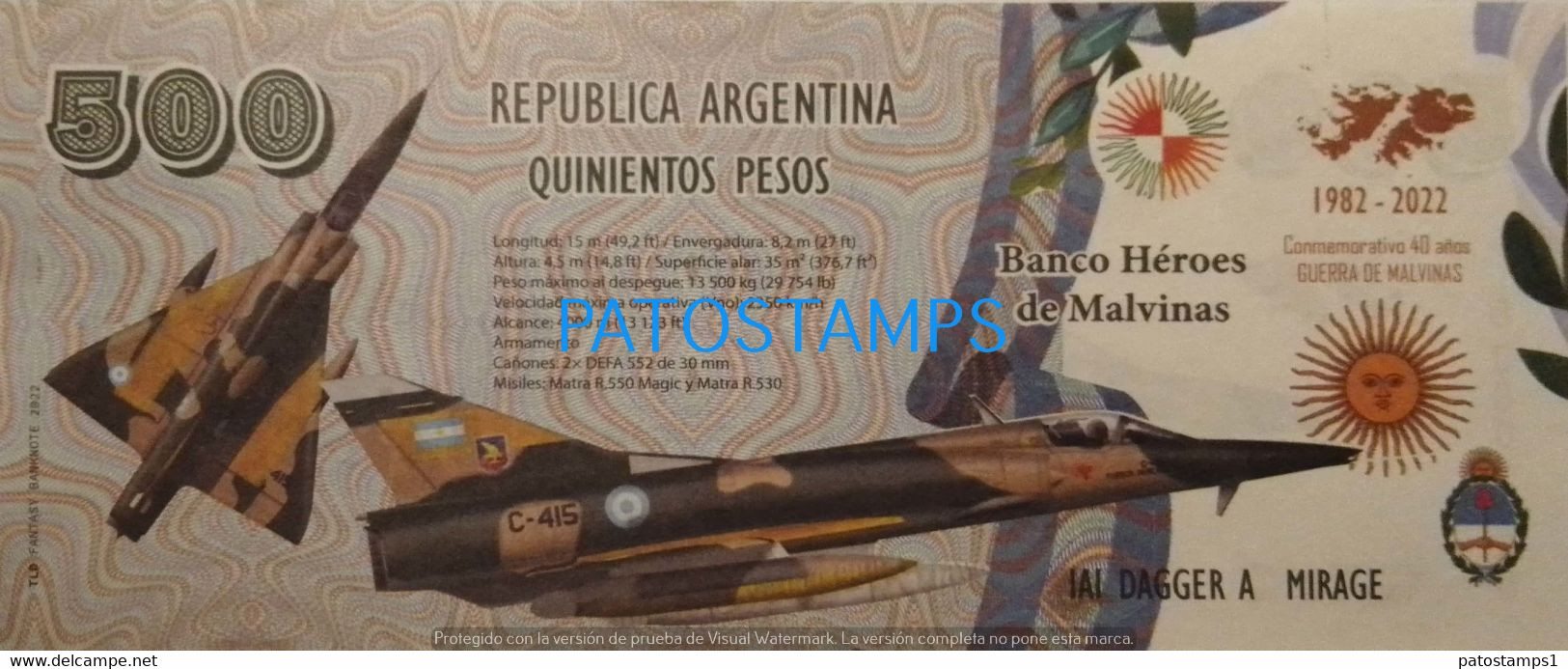 192457 BILLETE FANTASY TICKET 500 BANK ARGENTINA UK ISLAS MALVINAS FALKLAND ISLANDS AVIATION DAGGER A MIRAGE NO POSTCARD - Mezclas - Billetes