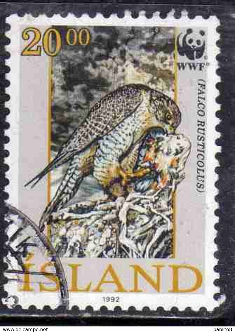ISLANDA ICELAND ISLANDE ISLAND 1992 WWF FALCO RUSTICULUS ADULT HEAD UP 20.00k USED USATO OBLITERE' - Gebraucht
