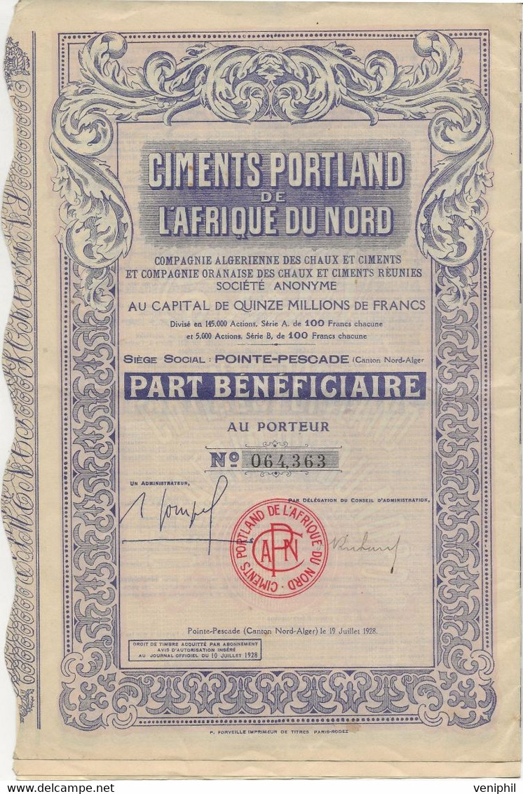 CIMENTS PORTLAND DE L'AFRIQUE DU NORD -LOT DE 2 PARTS BENEFICIAIRES-- ANNEE 1928 - Afrique