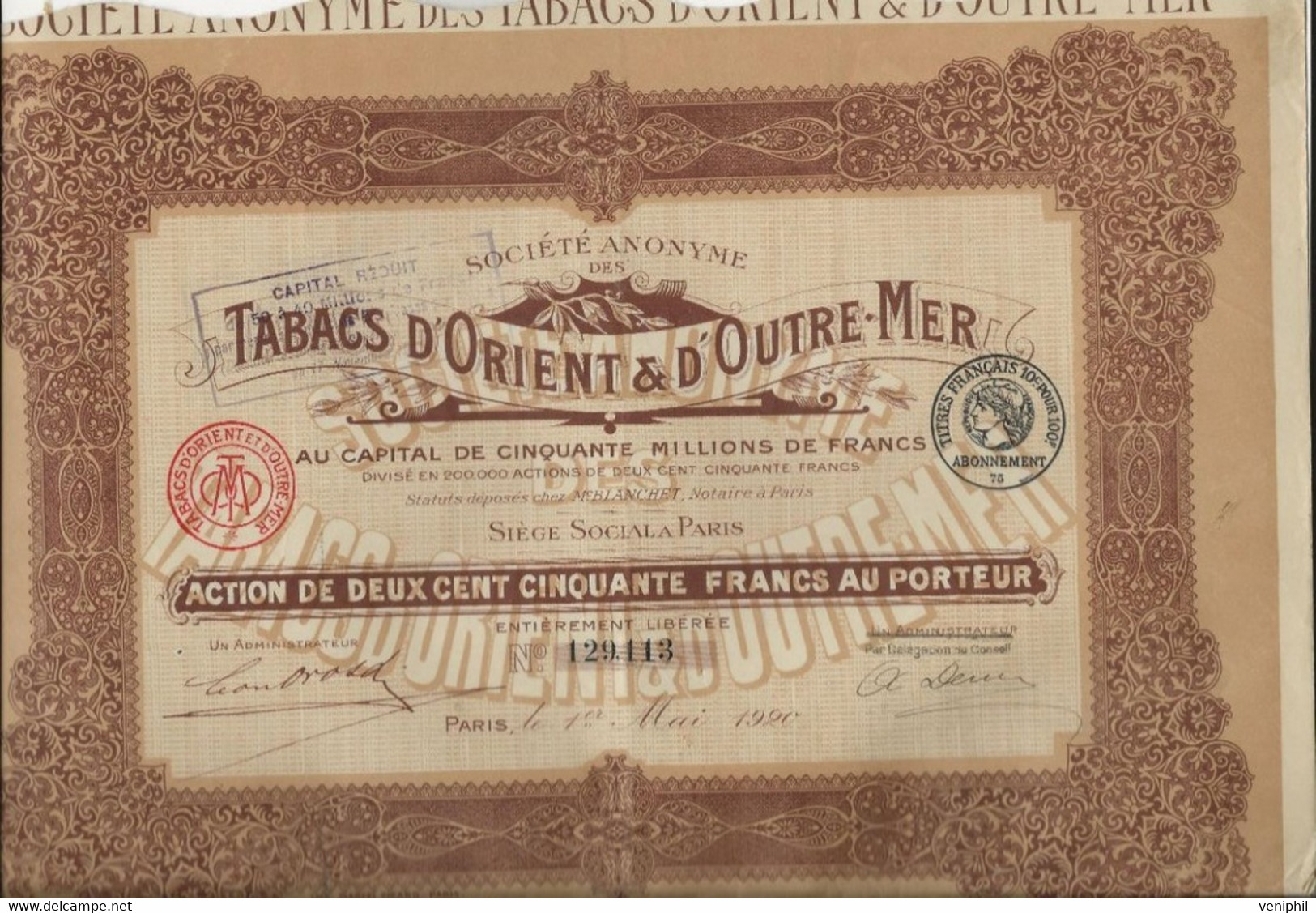 TABACS D'ORIENT ET D'OUTRE MER - LOT DE 2 ACTIONS DE 250 FRS - ANNEE 1920 - Africa