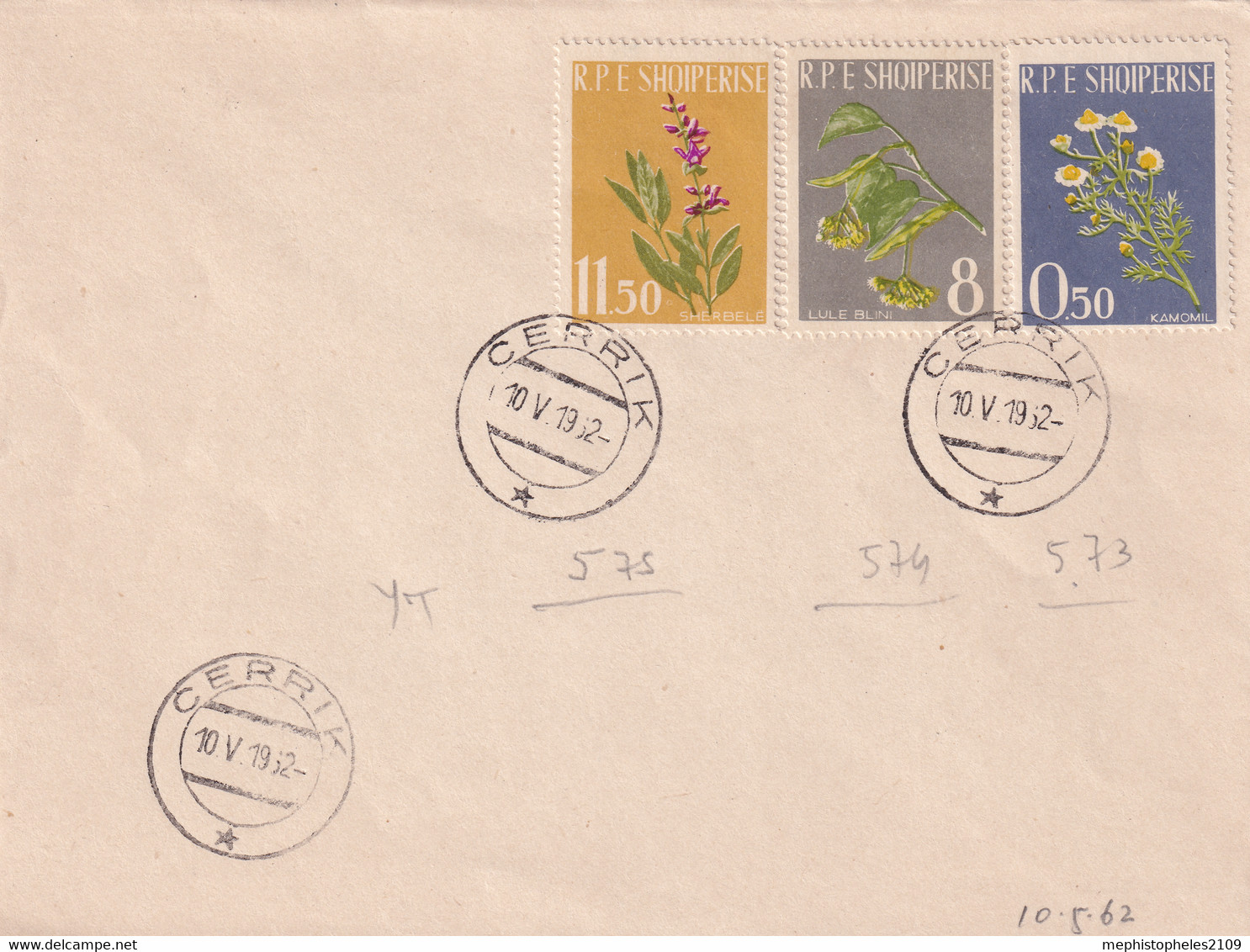 ALBANIA 1962 - CERRIK Cancel - Mi 573-575 - On Enveloppe - Albania