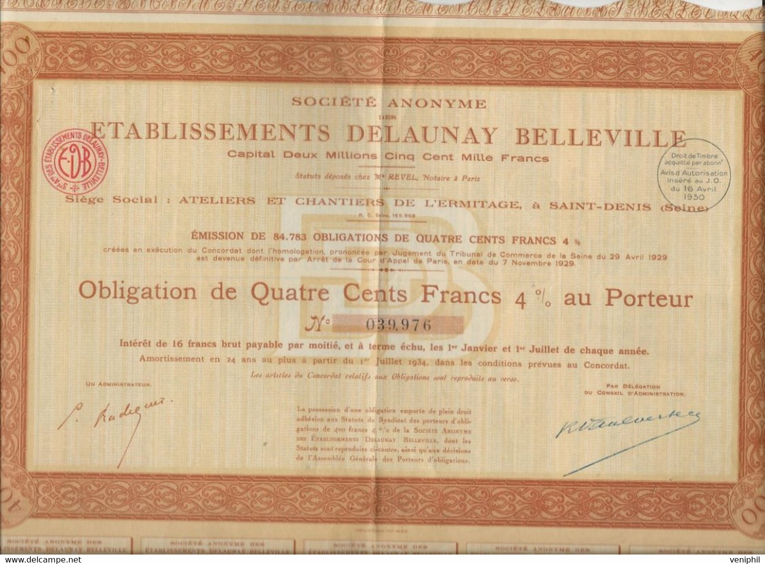 ETABLISSEMENT DELAUNAY  BELLEVILLE - OBLIGATION DE 400 FRS - 4 % AU PORTEUR . ANNEE 1930 - Industrie