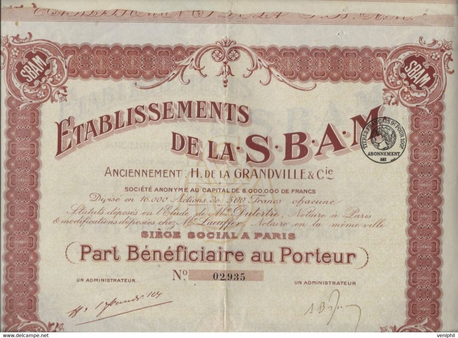 ETABLISSEMENT DE  LA  S.B.A.M. ANCIENNEMENT H DE LA GRANDVILLE -  LOT DE 2 PARTS  BENEFICIAIRE - - Industry