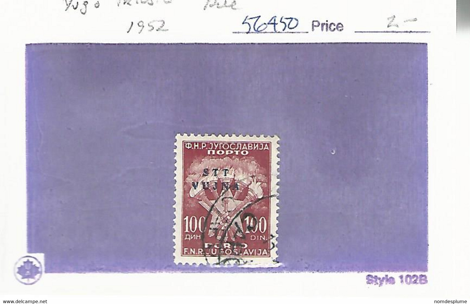 56450 ) Yugoslavia Trieste STT Vujna 1952 - Gebraucht