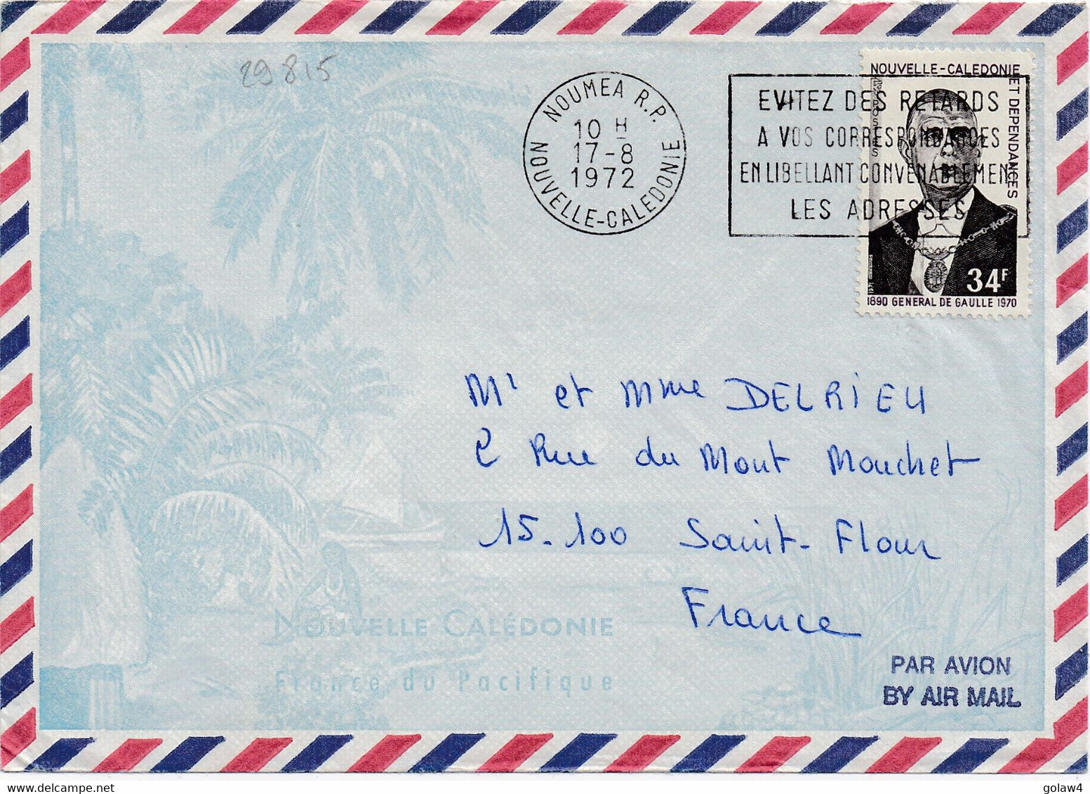 29815# GENERAL DE GAULLE SEUL LETTRE Obl NOUMEA NOUVELLE CALEDONIE 1972 Pour SAINT FLOUR CANTAL - Covers & Documents