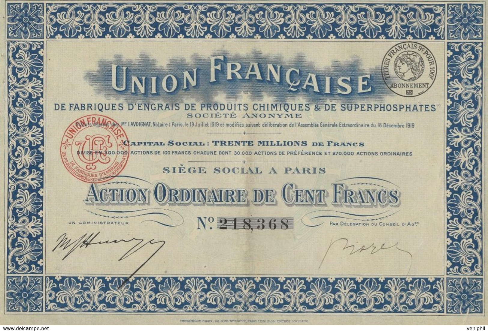 UNION FRANCAISE FABRIQUES D'ENGRAIS DE PRODUITS CHIMIQUES ET SUPERPHOSPHATES  -LOT DE 2 ACTIONS - Industrie