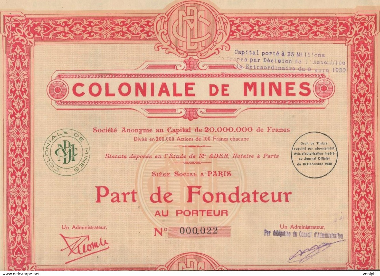 COLONIALE DE MINES - PART DE FONDATEUR - ANNEE 1930 - Mijnen