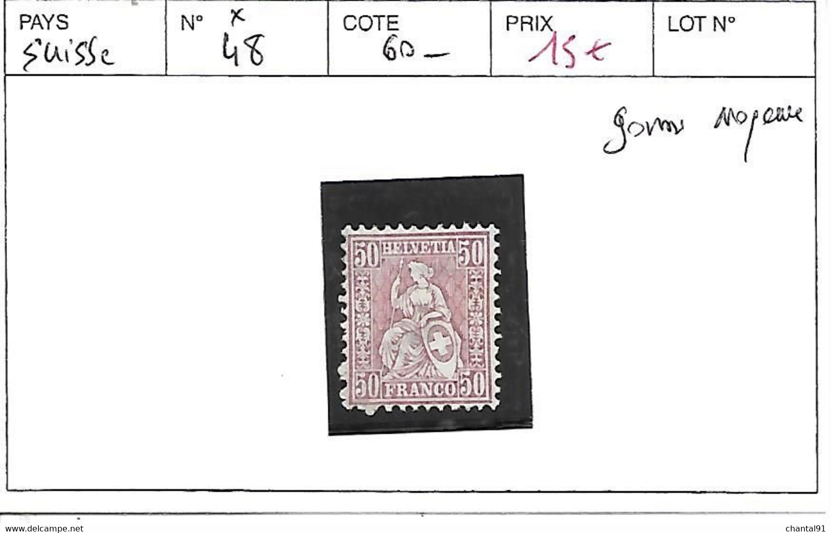 SUISSE N ° 48 * GOMME MOYENNE - Unused Stamps