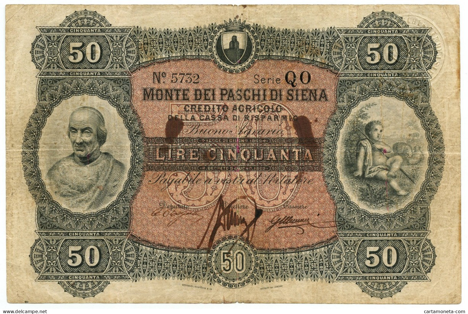 50 LIRE MONTE DEI PASCHI SIENA CREDITO AGRICOLO DATA A STAMPA 01/06/1898 BB- - Altri & Non Classificati