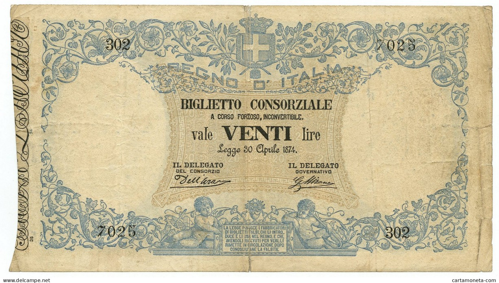 20 LIRE BIGLIETTO CONSORZIALE REGNO D'ITALIA 30/04/1874 QBB - Biglietti Consorziale