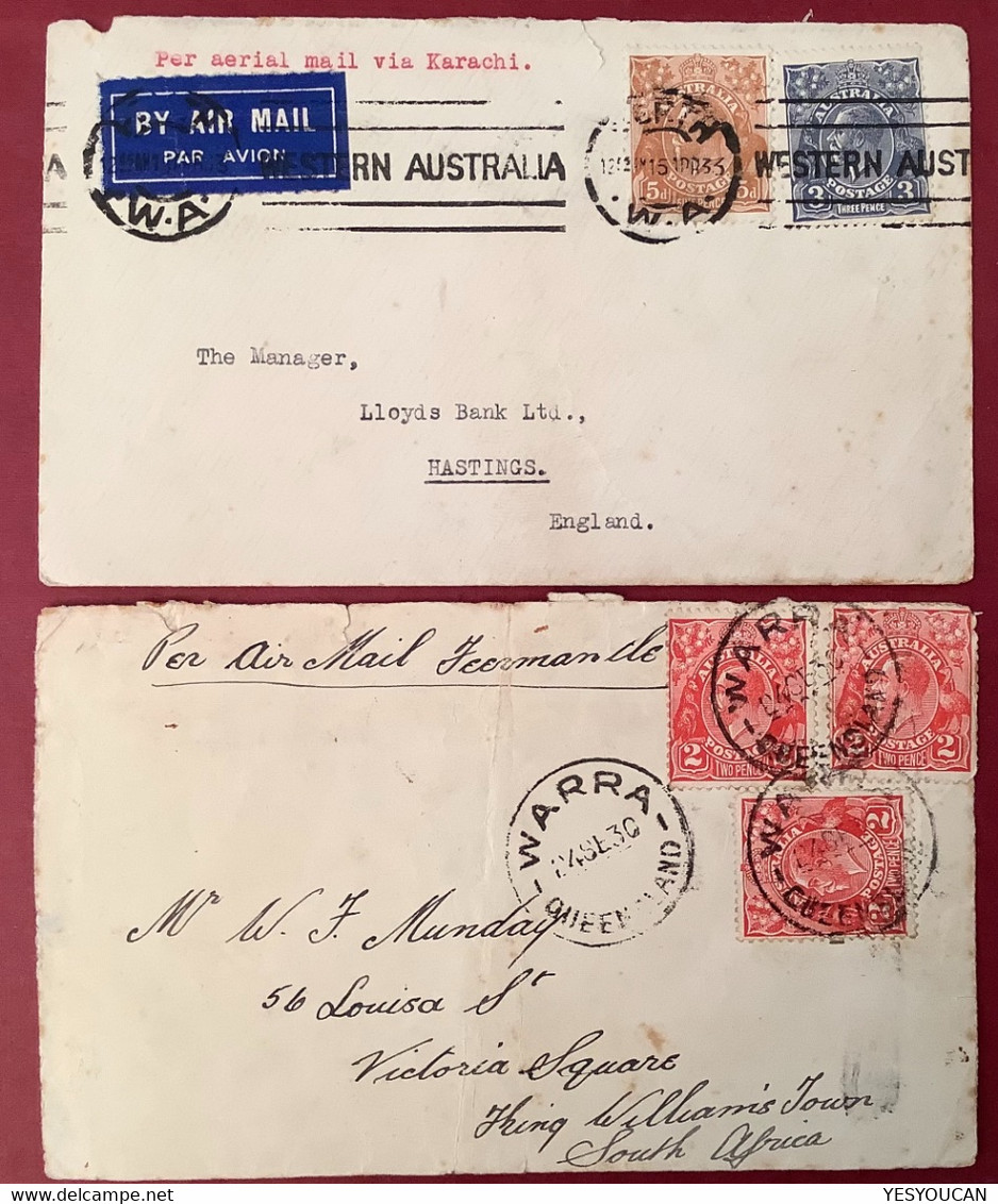 AIR MAIL 1930-1933 Two Cover PERTH>GB VIA KARACHI INDIA & WARRA>SOUTH AFRICA VIA FREMANTLE  (Australia KGV - Covers & Documents