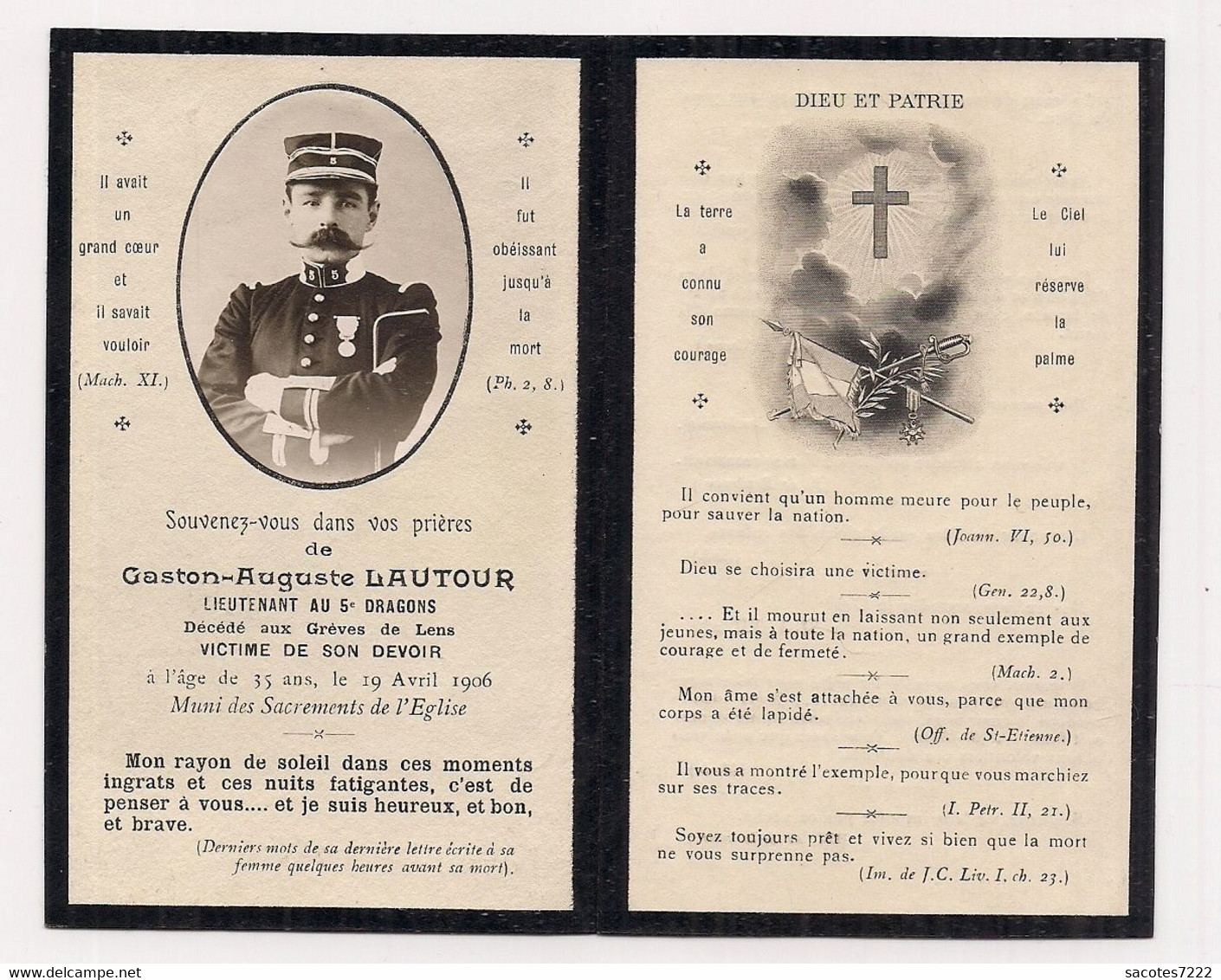 IMAGE MORTUAIRE   Gaston Auguste LAUTOUR Lieutenant 5ème Dragons Décédé Aux Grèves De Lens Avril 1906 - - Andachtsbilder