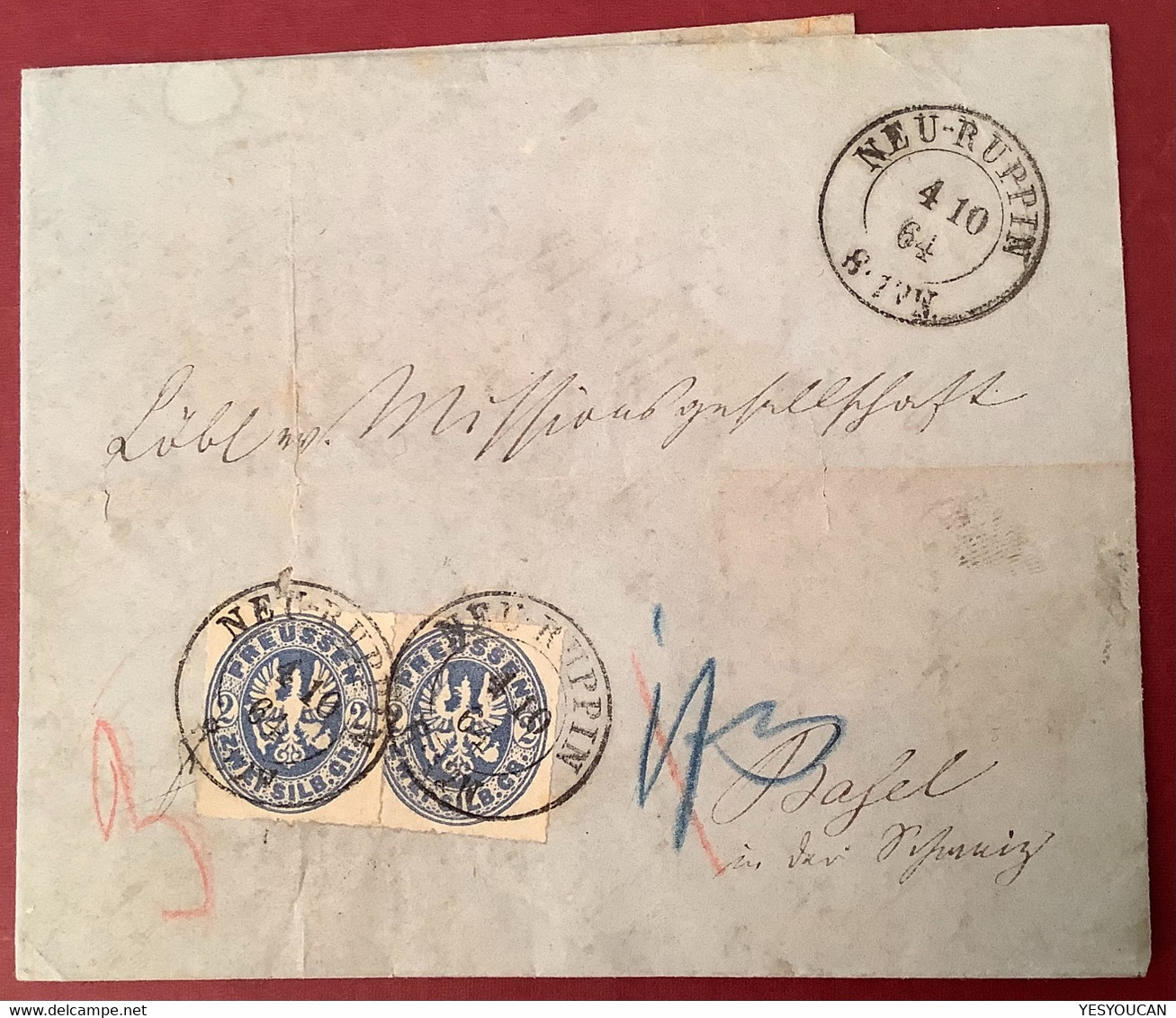"NEU-RUPPIN 1864" (Neuruppin Brandenburg) Mi 17a Brief>BASEL SCHWEIZ Missionsgesellschaft (Preussen Bitcoin Crypto - Brieven En Documenten
