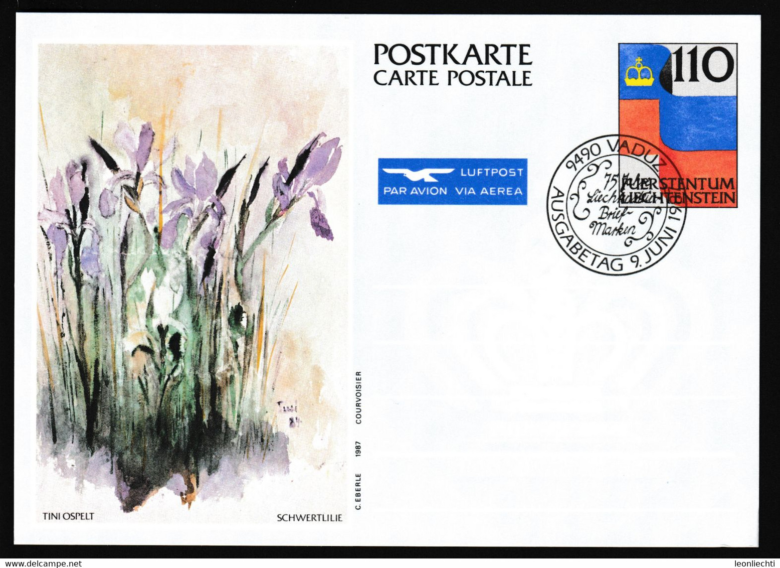 1987 Liechtenstein, Luftpost Carte Postale - Postkarte Ganzsache: Tini Ospelt , Schwertlilie - Postwaardestukken