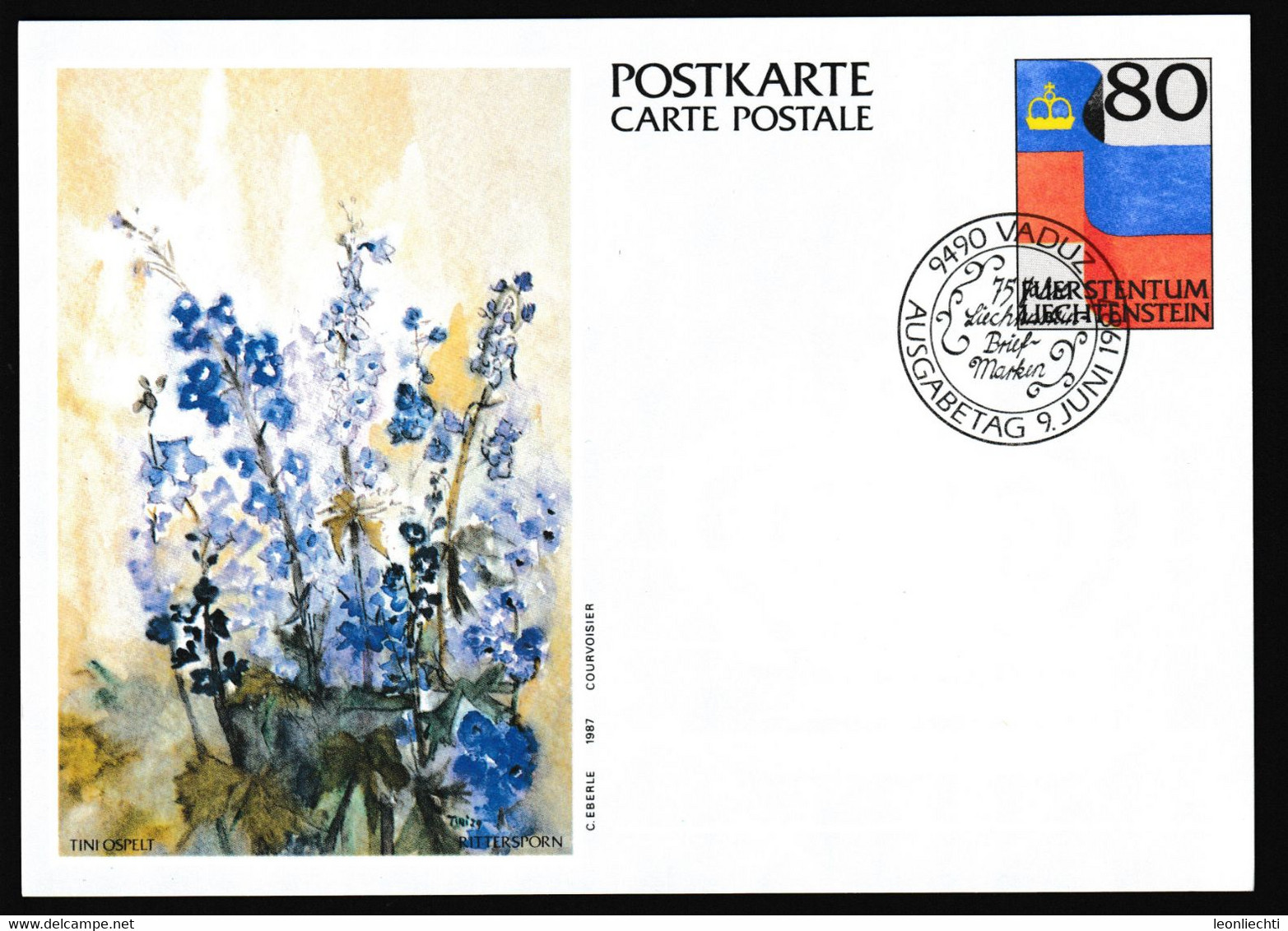 1987 Liechtenstein, Luftpost Carte Postale - Postkarte Ganzsache: Tini Ospelt , Rittersporn - Ganzsachen