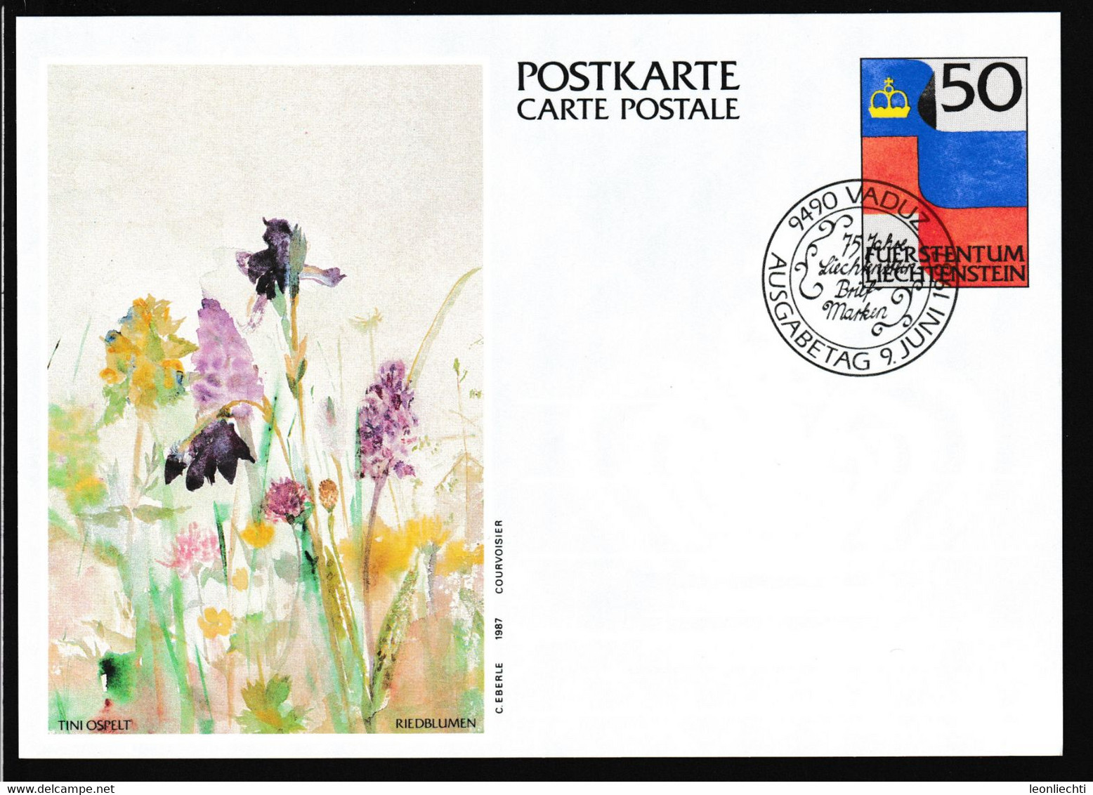 1987 Liechtenstein, Luftpost Carte Postale - Postkarte Ganzsache: Tini Ospelt , Riedblumen - Postwaardestukken