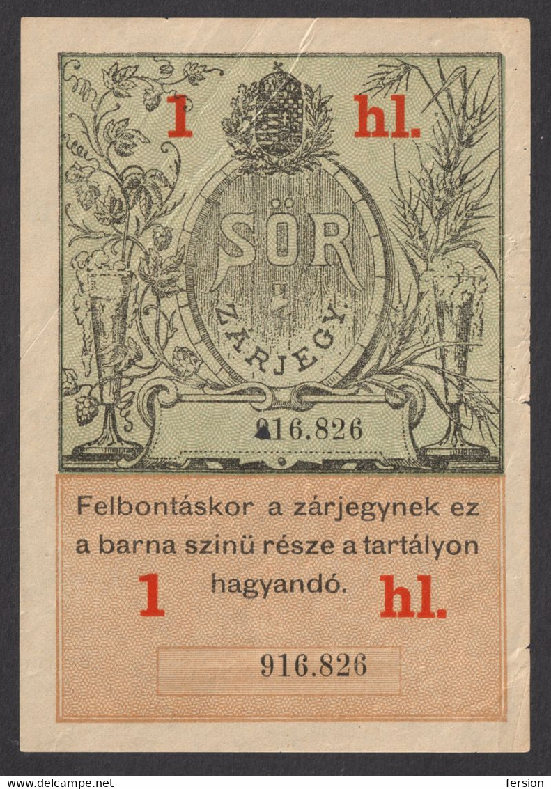 BEER Brewery Drink Alcohol / 1898 Hungary - Fiscal Revenue Tax - Label Vignette - 1 Hl / Keg Barrel - Steuermarken