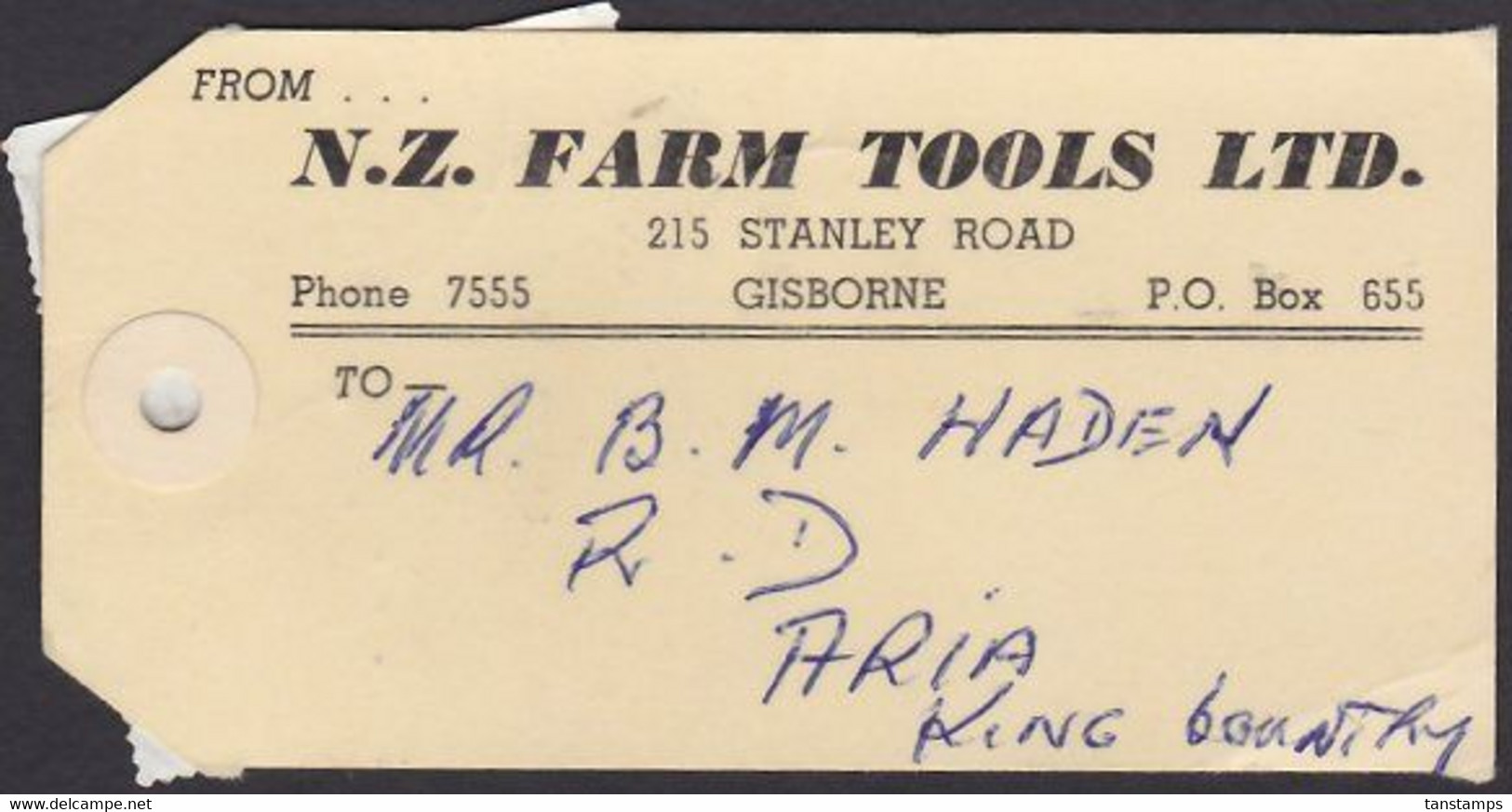 NEW ZEALAND 1972 PARCEL TAG - Cartas & Documentos