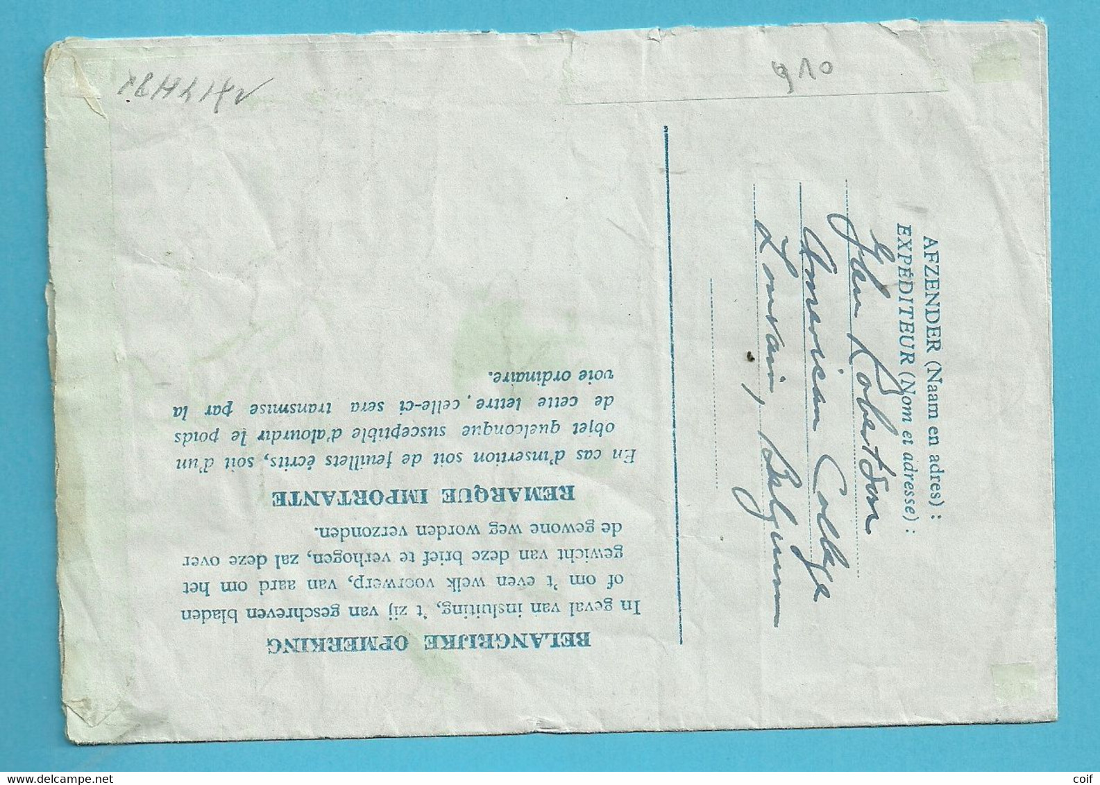 910 Op Omslag-brief (enveloppe-lettre / Aerogram) Met Stempel LEUVEN Naar U.S.A., Stempel TROUVE A LA BOITE / IN DE BUS. - Luchtpostbladen