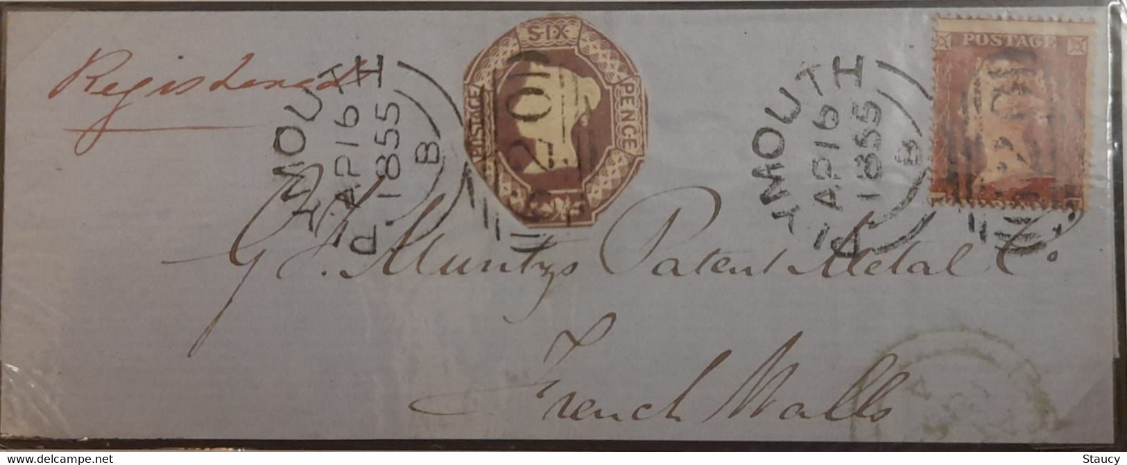 UK GB GREAT BRITAIN 1855 7d Internal Rate Registered Front Part Cover 6d Embossed + 1d Red Plymouth To FrenchMalls - Briefe U. Dokumente