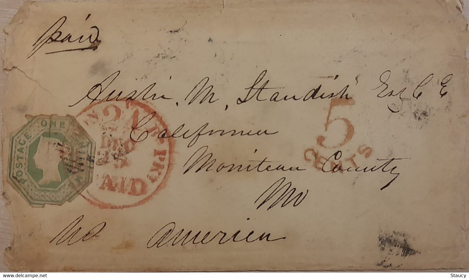 UK GB GREAT BRITAIN 1856 Under Paid Cover Franked With One Shilling Embossed Newcastle To USA Add 5c Charged In USA Scan - Brieven En Documenten