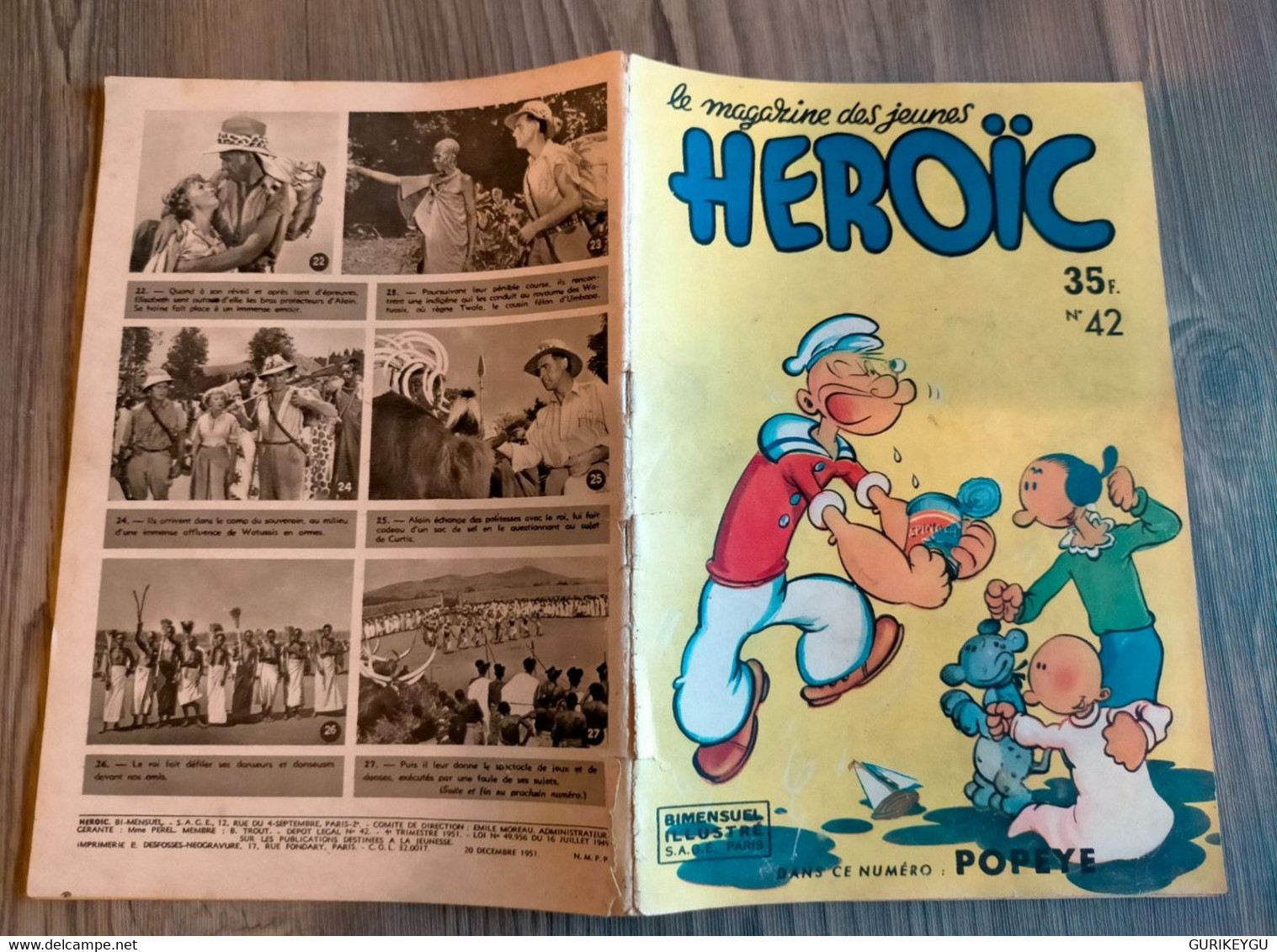 Bd HEROIC N° 42 Les Mines Du Roi SALOMON Indiens JIVAROS  Aventures Comiques De POPEYE 20/12/1951 SAGE - Sagédition