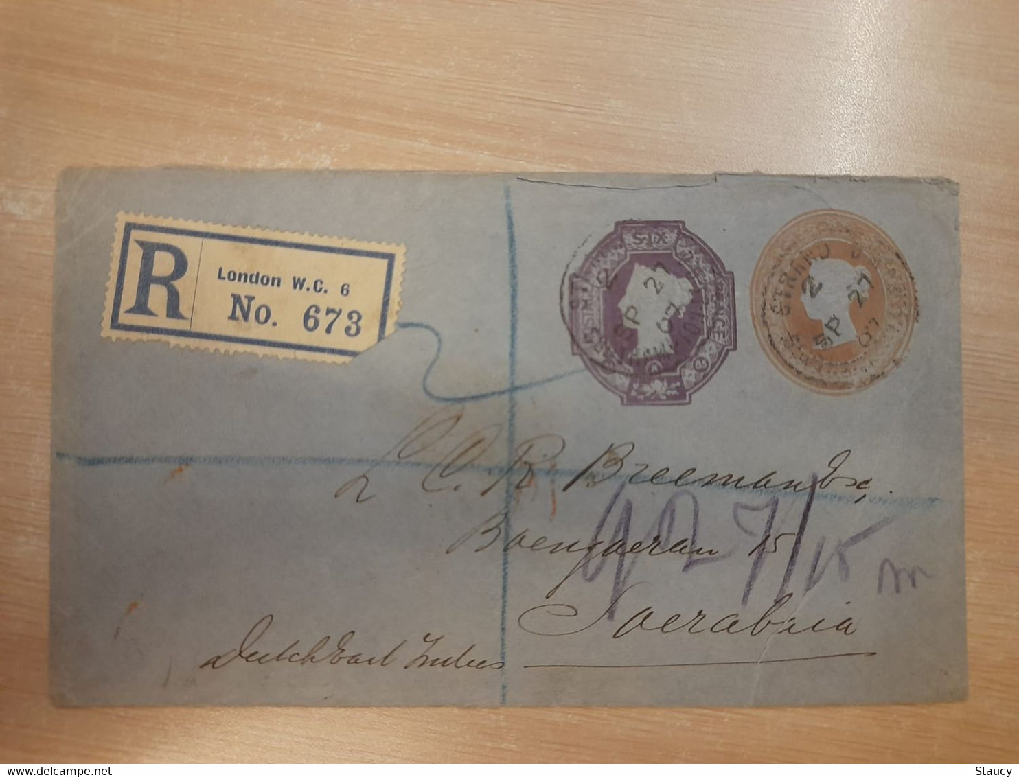 UK GB GREAT BRITAIN QV Registered Stationery Cover 6d + 1d Embossed London To Soerabaja Dutch Indies/ India As Per Scan - Briefe U. Dokumente