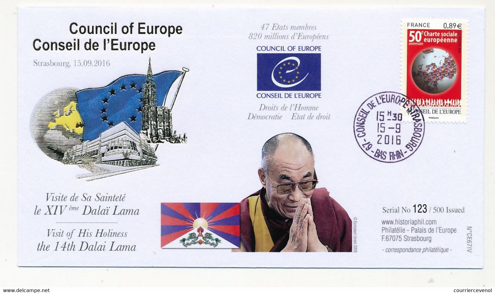 FRANCE - Env 0,89 Charte Sociale - Conseil Europe Strasbourg 15/9/2016 / Visite 14° Dalaï Lama - Storia Postale