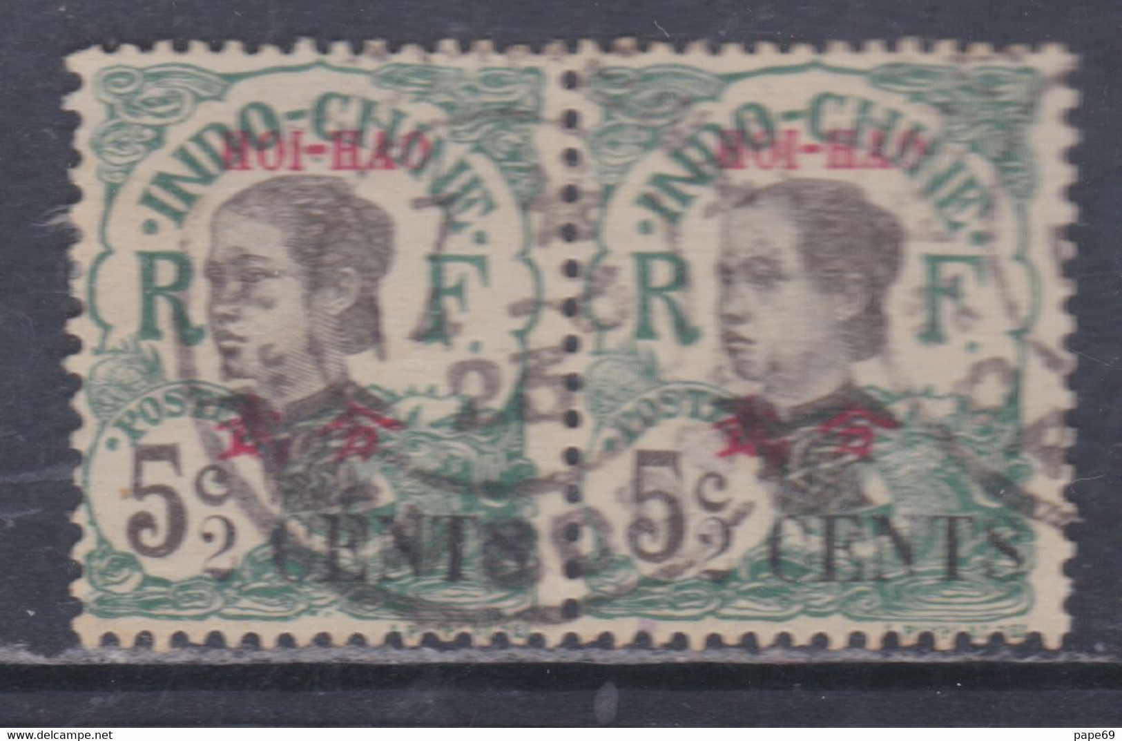 Hoï-Hao N° 69 O Timbres D'Indochine Surchargés : 2c. Sur 5 C. Sur 4 C. Vert En Paire Oblitéré, TB - Usados