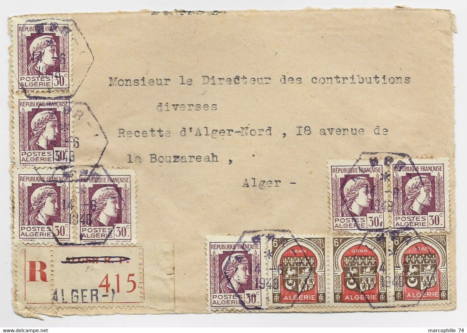 ALGERIE MARIANNE ALGER 30CX7+ BLASON 6FRX3 DEVANT LETTRE REC C. HEX  VIOLET ALGER  I 14.6.1948 - 1944 Coq Et Maríanne D'Alger