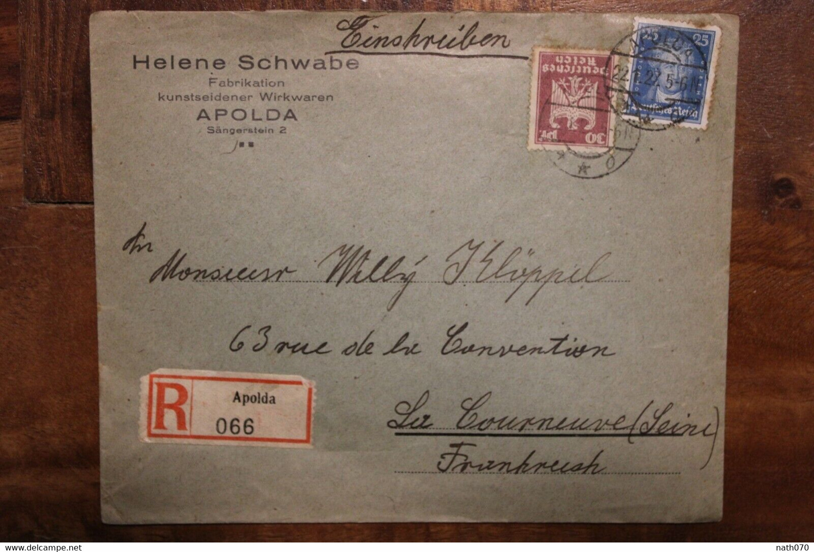 1927 Apolda Dr Deutsches Reich La Courneuve France Einschreiben Cover Cover Allemagne - Briefe U. Dokumente