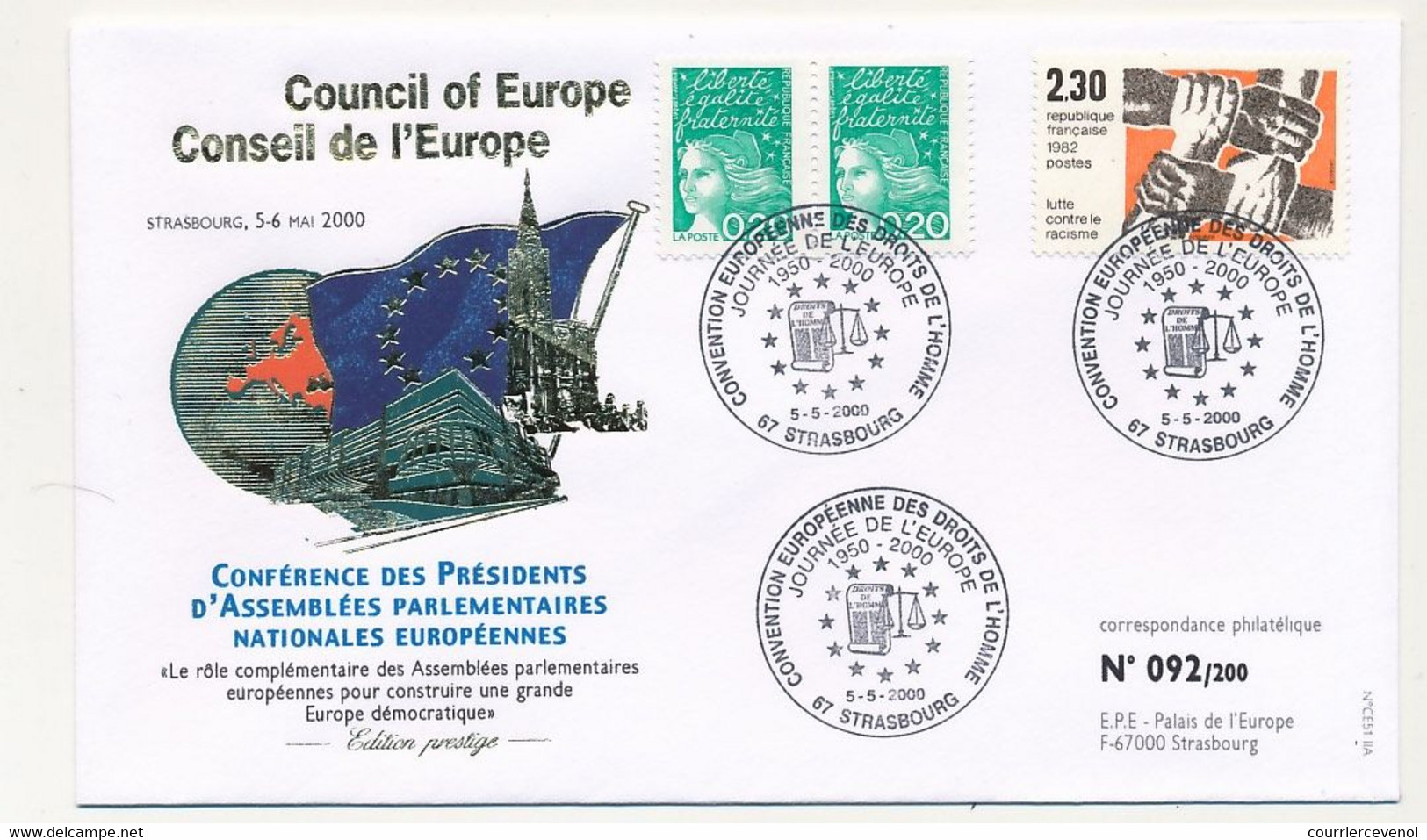 FRANCE - Env 2,30 Lutte Contre Racisme - Convention Européenne Droits De L'Homme - Strasbourg 5/5/2000 - Storia Postale