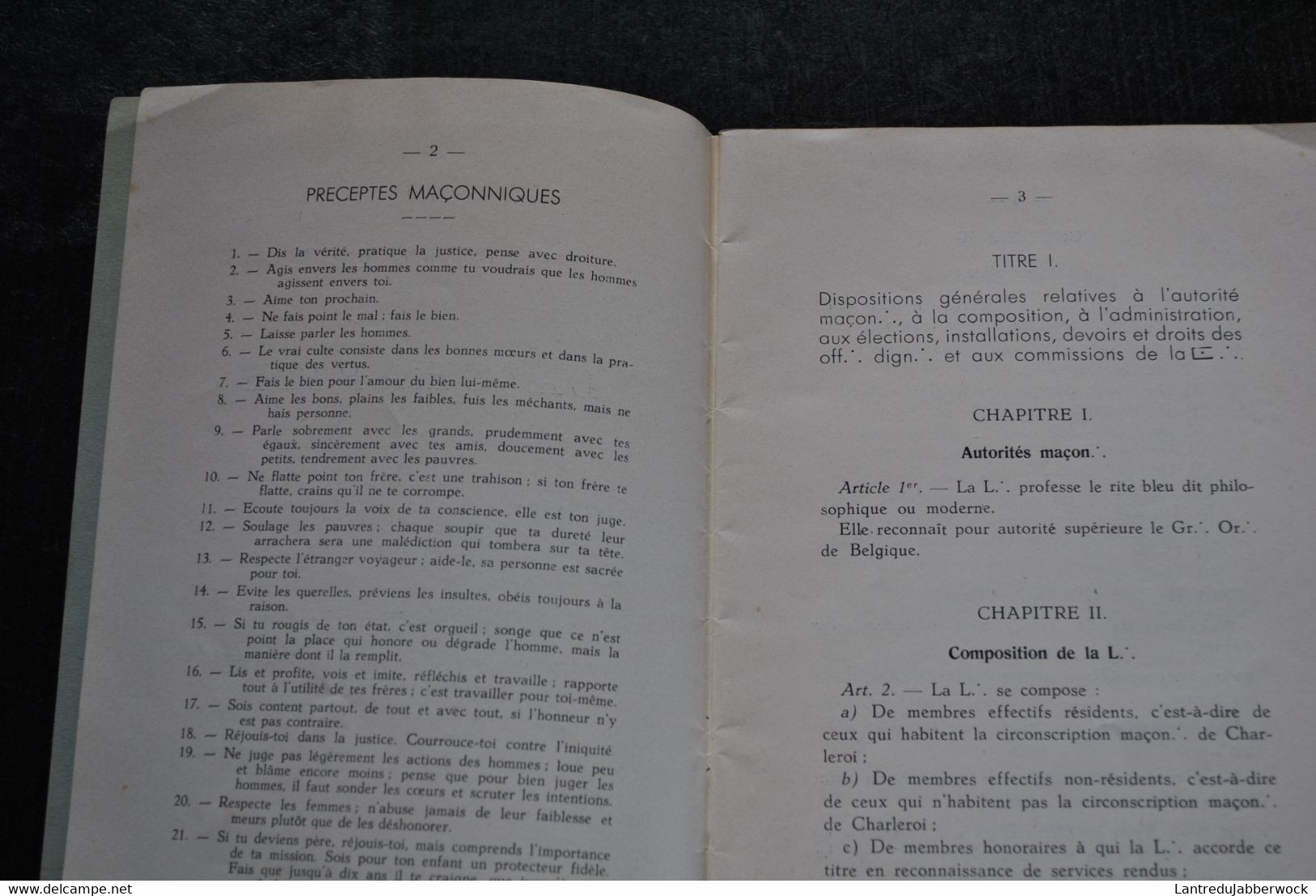 Règlement De La R. L. La Charité à L'OR. De Charleroi Franc Maçon Maçonnerie Ordre Maçonnique Grande Loge Grand Orient - Esotérisme