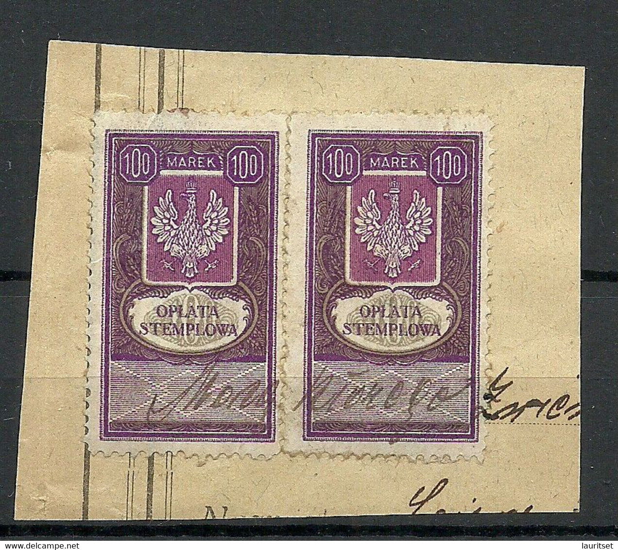 POLEN Poland -1920ies - 2 Documentary Tax Stempelmarken Revenue Oplata Stemplowa 100 M On Out Cut - Revenue Stamps