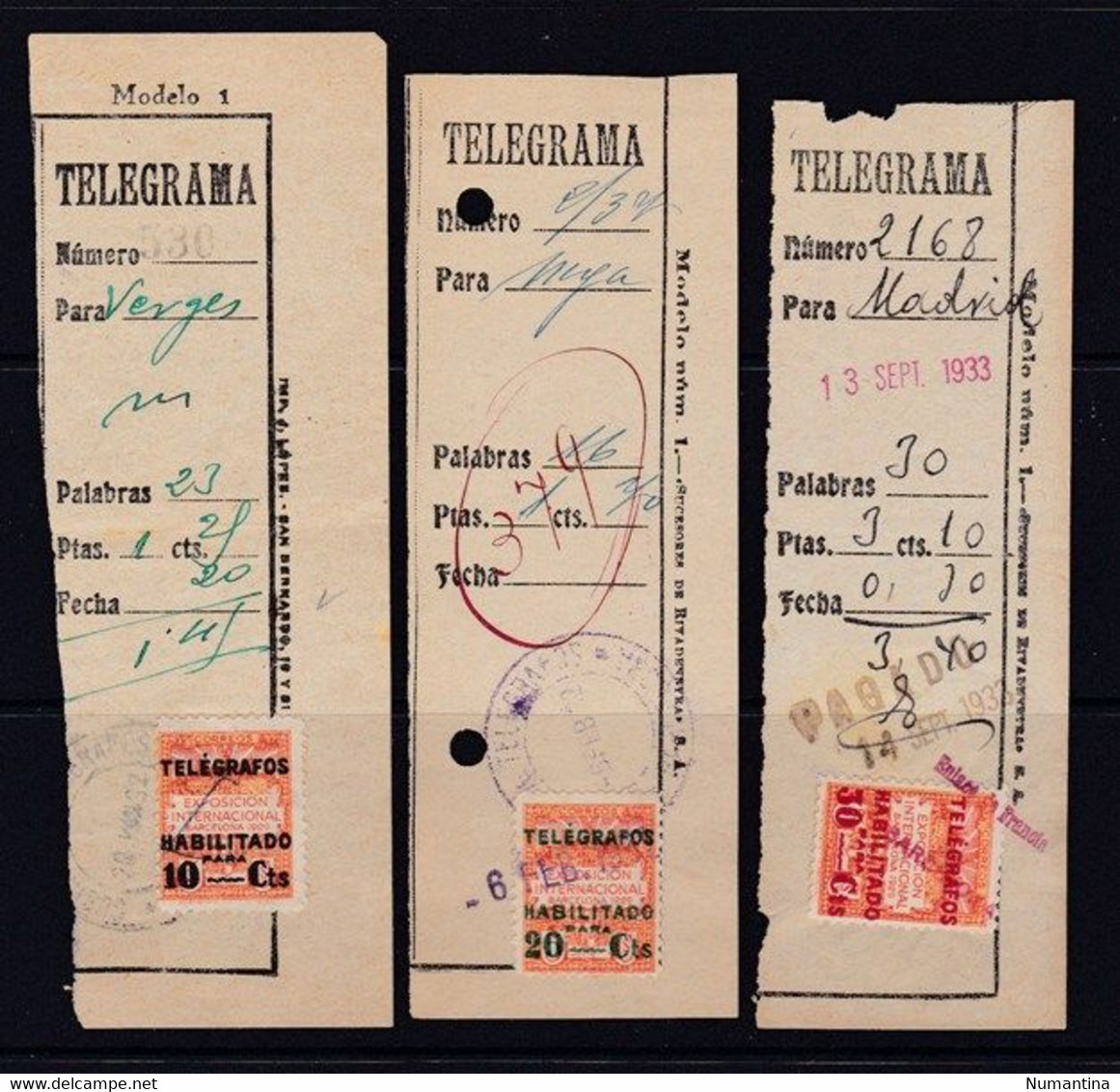1930 - Barcelona - Telegrafos - Edifil 1/3 - Usados En Telegramas - Raro Conjunto - Barcelona