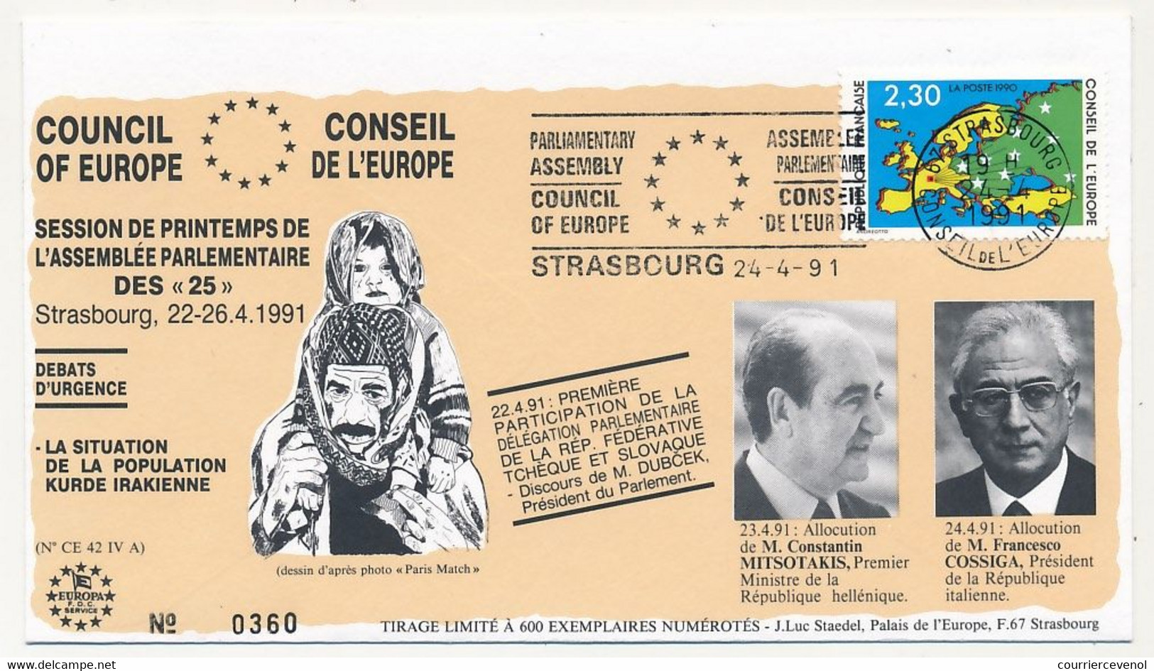 FRANCE - Env Affr. 2,30F Carte Europe - OMEC Assemblée Du Parlement Strasbourg 24/4/1991 - Population Kurde En Irak - Cartas & Documentos