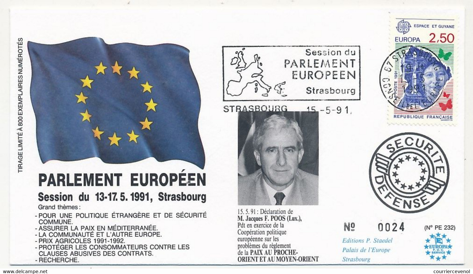 Env Affr. 2,50F Europa - OMEC Strasbourg 15/5/1991 Session Du Parlement Européen / Jacques F. Poos - Storia Postale