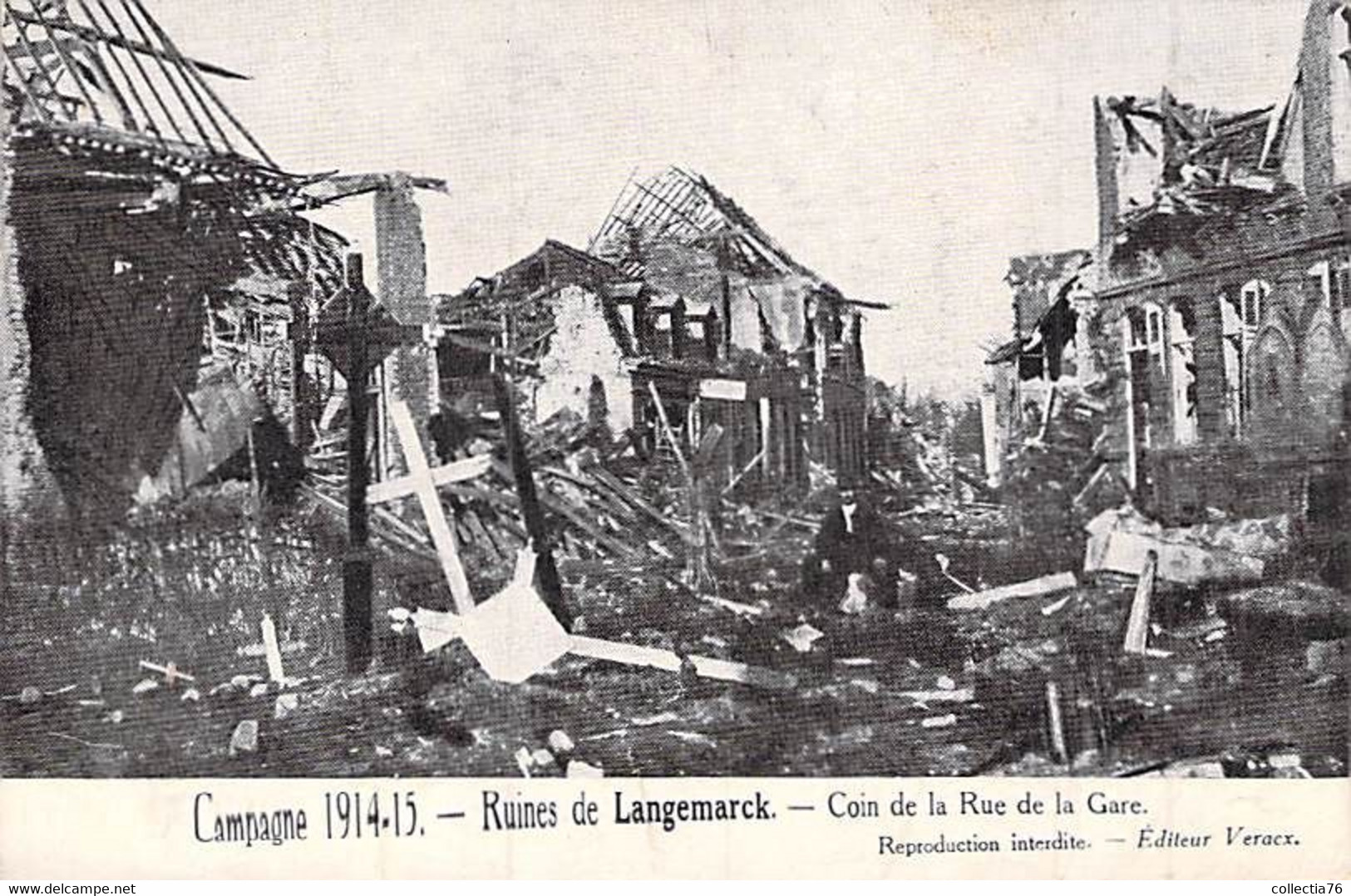 CPA BELGIQUE BELGIUM CAMPAGNE 1914 RUINES DE LANGEMARCK COIN DE LA RUE DE LA GARE WW1 LETTRE AU DOS - Langemark-Poelkapelle