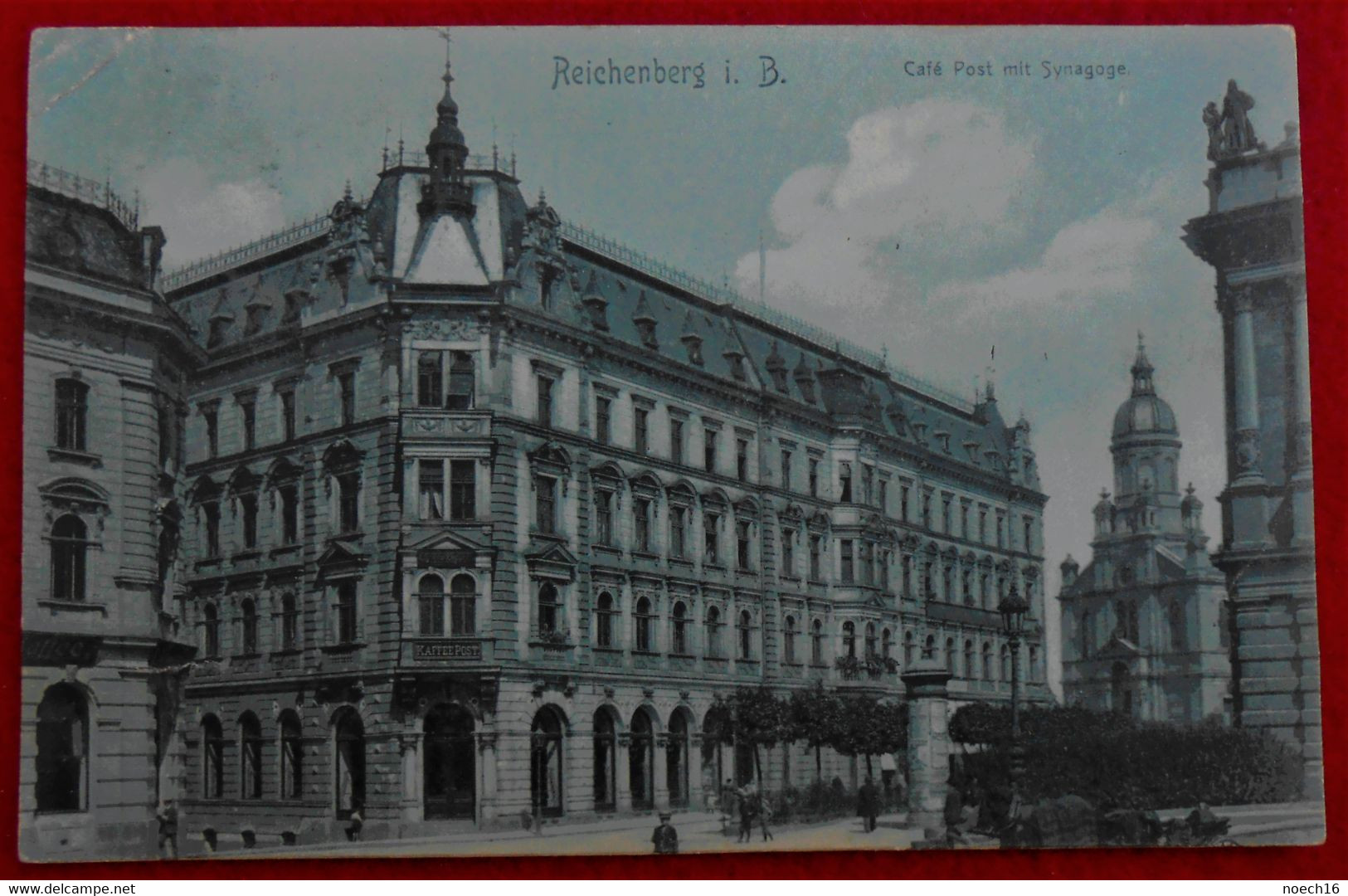 CPA 1909 Autriche Reichenberg I. B. Café Post Mit Synagoge / Etikette Ansichtskartensammler "Globus", Berlin-Nowawes - Boehmen Und Maehren