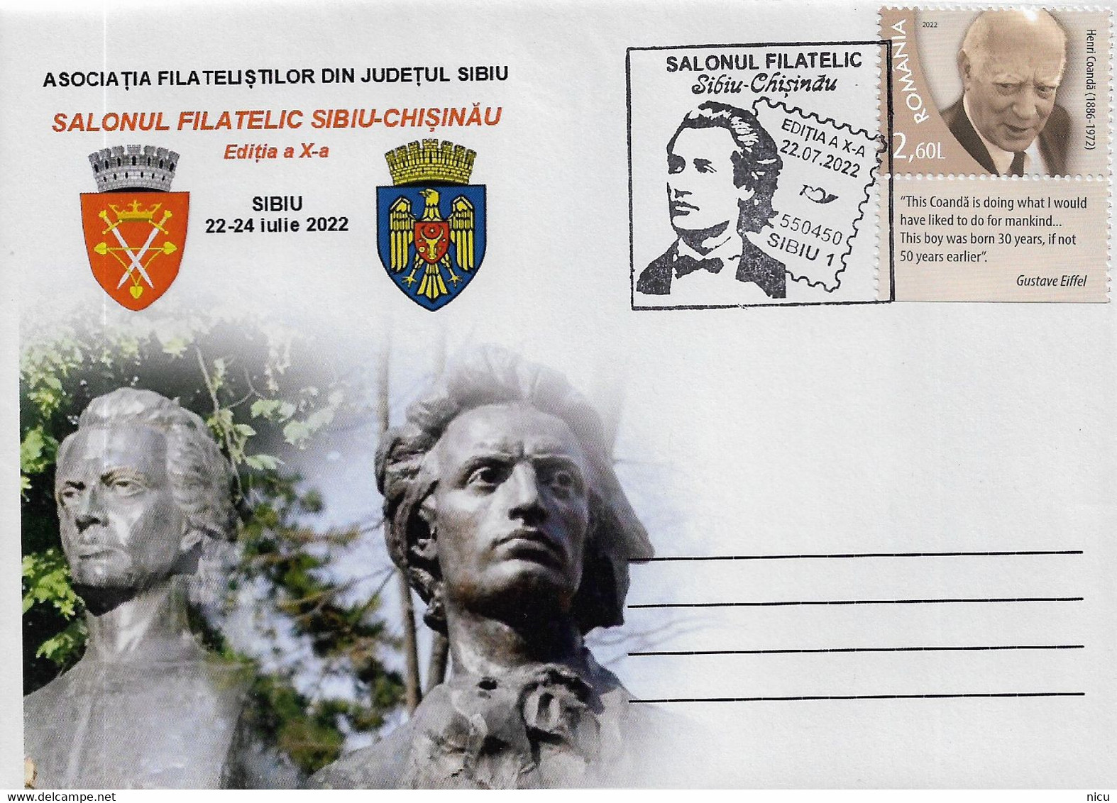 2022 - MIHAI EMINESCU - SPECIAL COVER AND CANCELLATION WITH PHILATELIC EXHIBITION SIBIU - CHISINAU - Covers & Documents