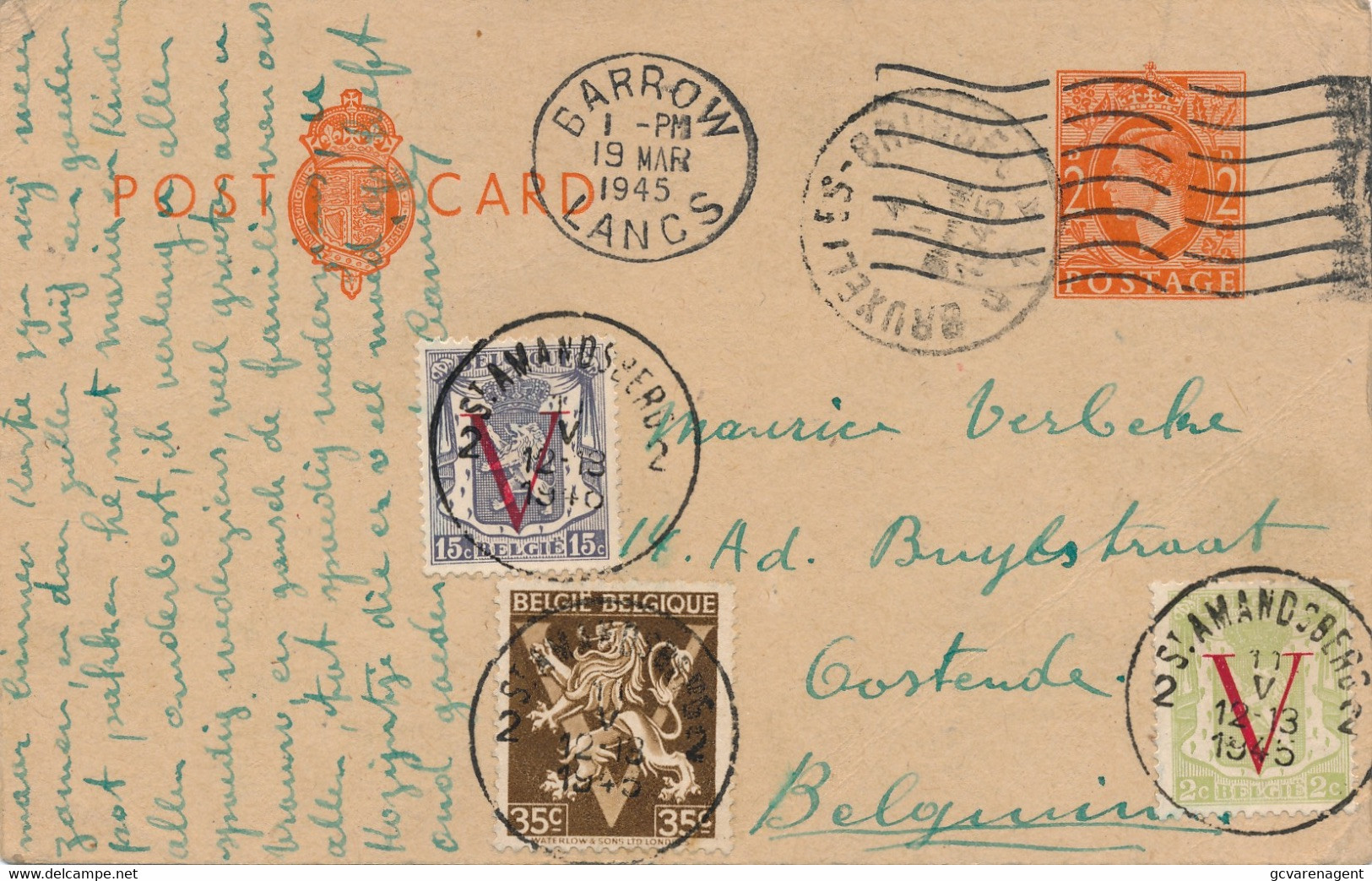 POSTCARD 1945  - BARROW  TO OOSTENDE  BELGIUM    2  SCANS - Covers & Documents