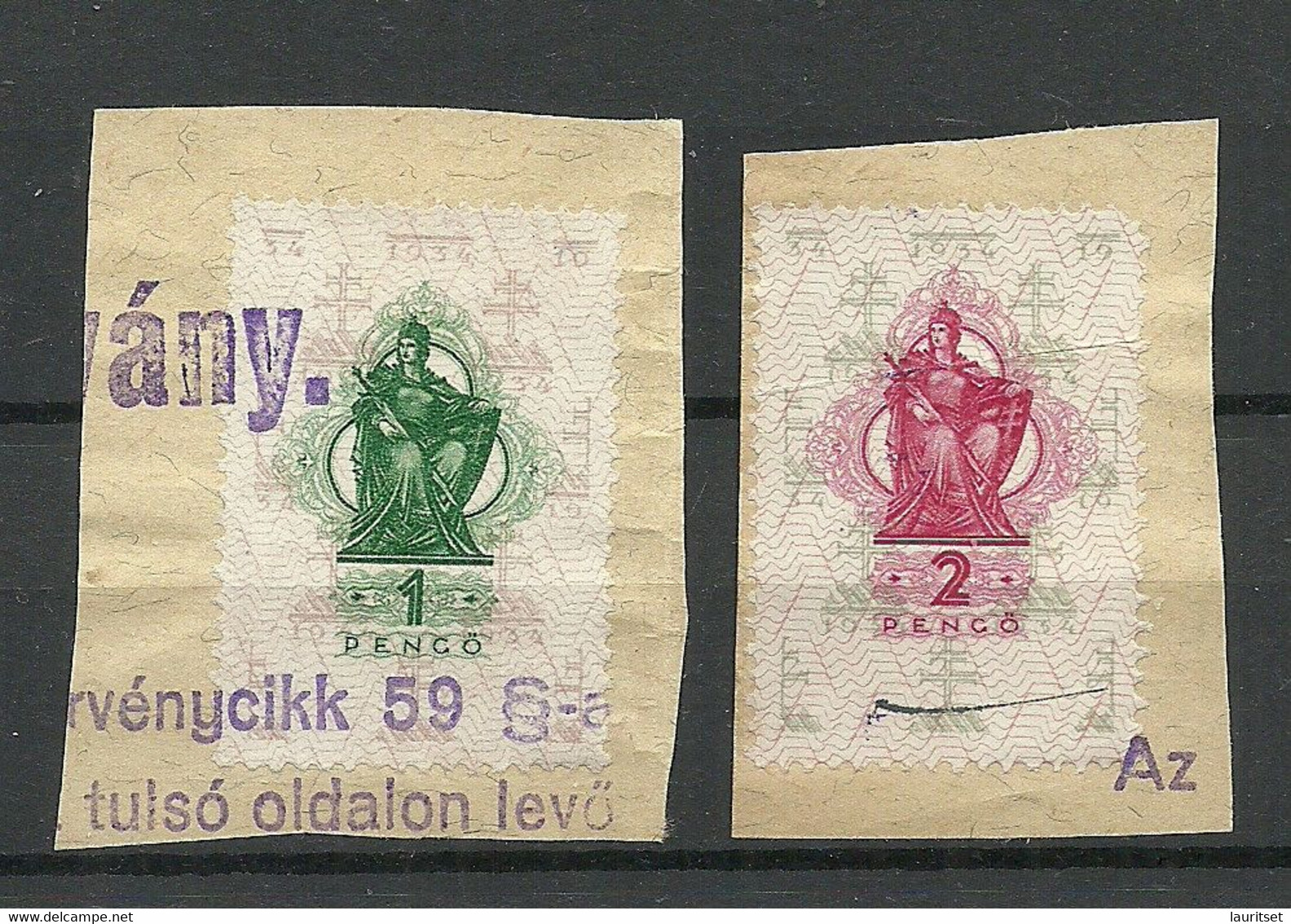 UNGARN HUNGARY 1920ies - Revenue Tax Steuermarken 1 & 2 Pengö On Cut Out O - Fiscaux