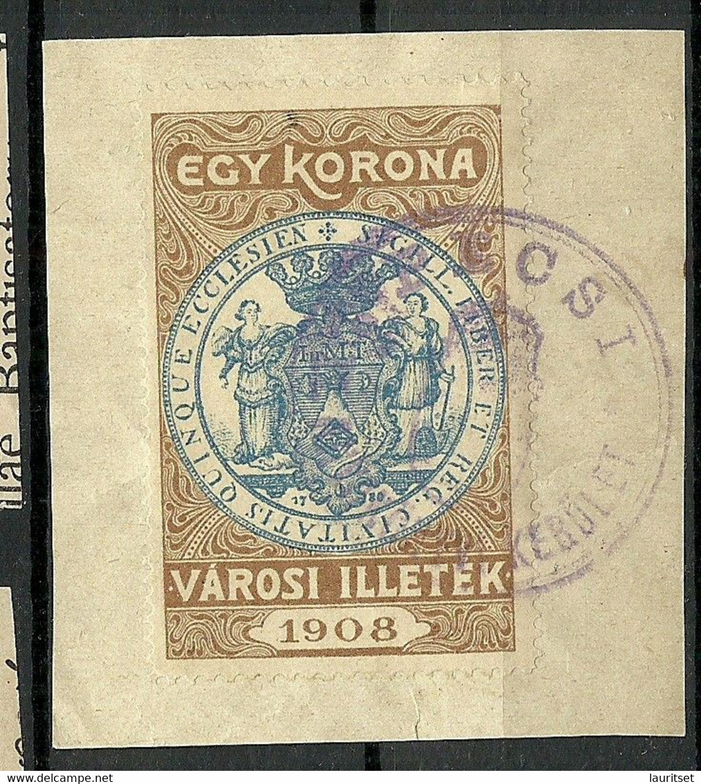 UNGARN HUNGARY 1908 Revenue Documentary Tax Steuermarke Stempelmarke Egy Korona On Cut Out O - Fiscaux